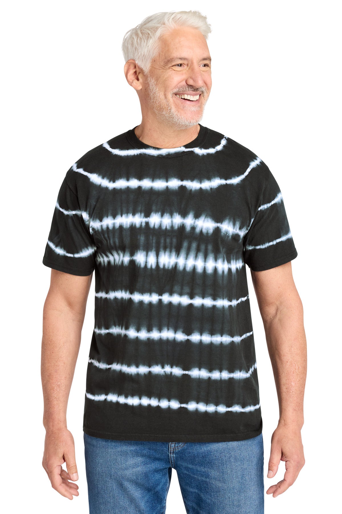 Custom logo Port & Co® Allover Stripe Tie-Dye Tee PC142 in Black/ White