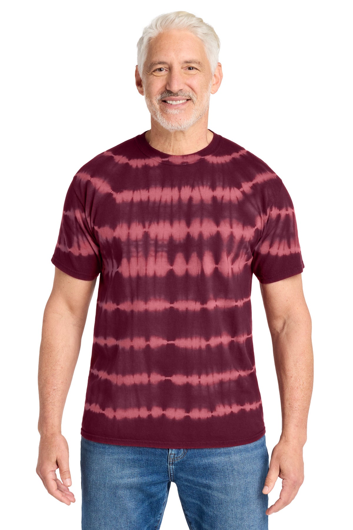 Custom logo Port & Co® Allover Stripe Tie-Dye Tee PC142 in Merlot/ Burgundy