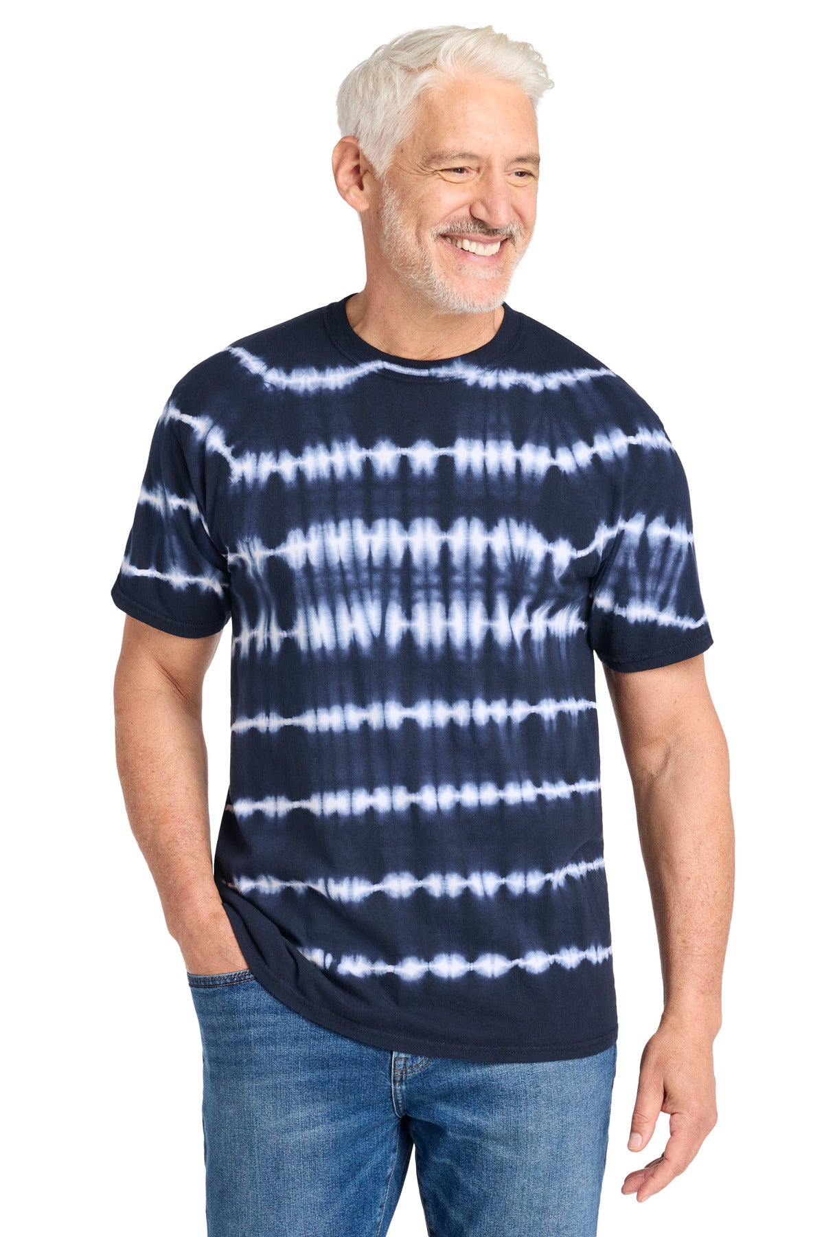 Custom logo Port & Co® Allover Stripe Tie-Dye Tee PC142 in True Navy/ White