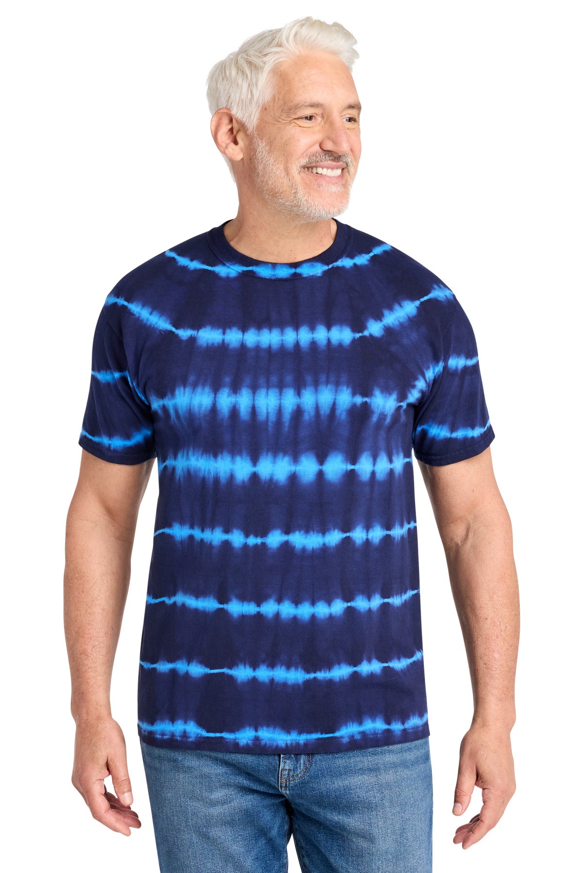 Custom logo Port & Co® Allover Stripe Tie-Dye Tee PC142 in Turquoise/ Team Navy