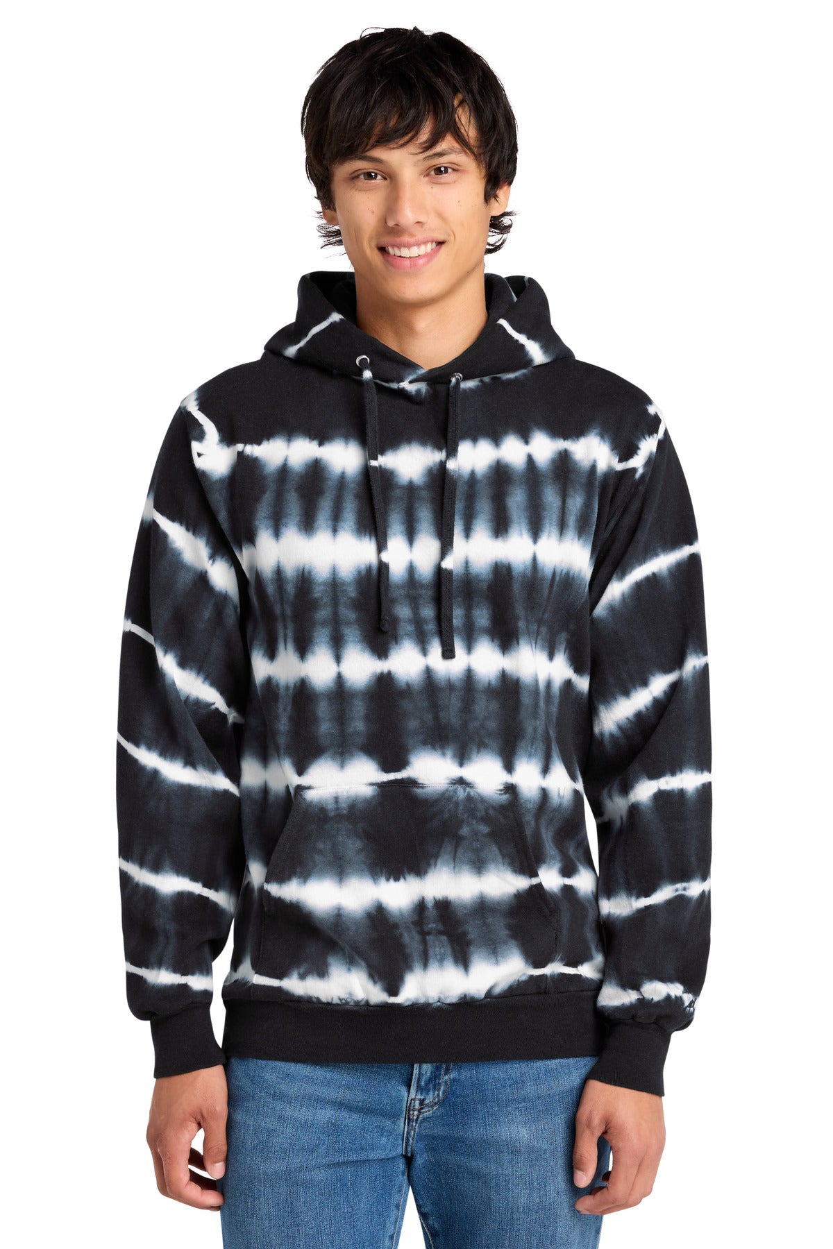 Custom logo Port & Co® Allover Stripe Tie-Dye Fleece PC143 in Black/ White