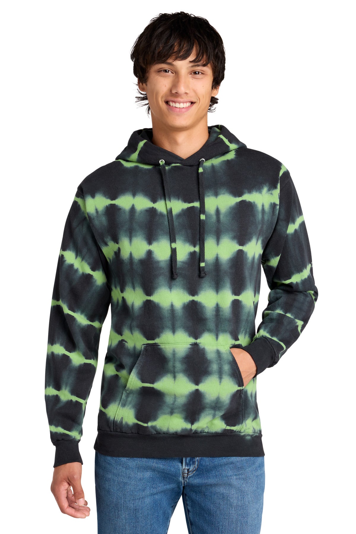 Custom logo Port & Co® Allover Stripe Tie-Dye Fleece PC143 in Green Tea/ Black