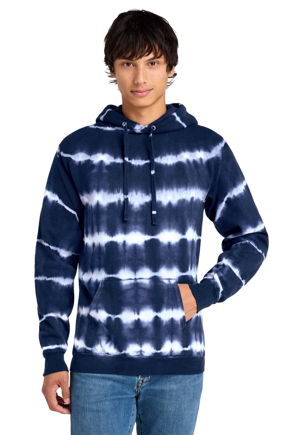 Custom logo Port & Co® Allover Stripe Tie-Dye Fleece PC143 in True Navy/ White