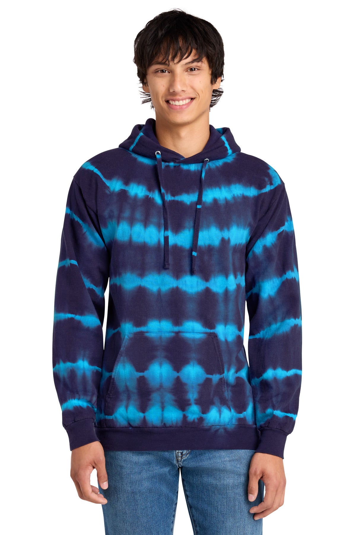 Custom logo Port & Co® Allover Stripe Tie-Dye Fleece PC143 in Turquoise/ Team Navy
