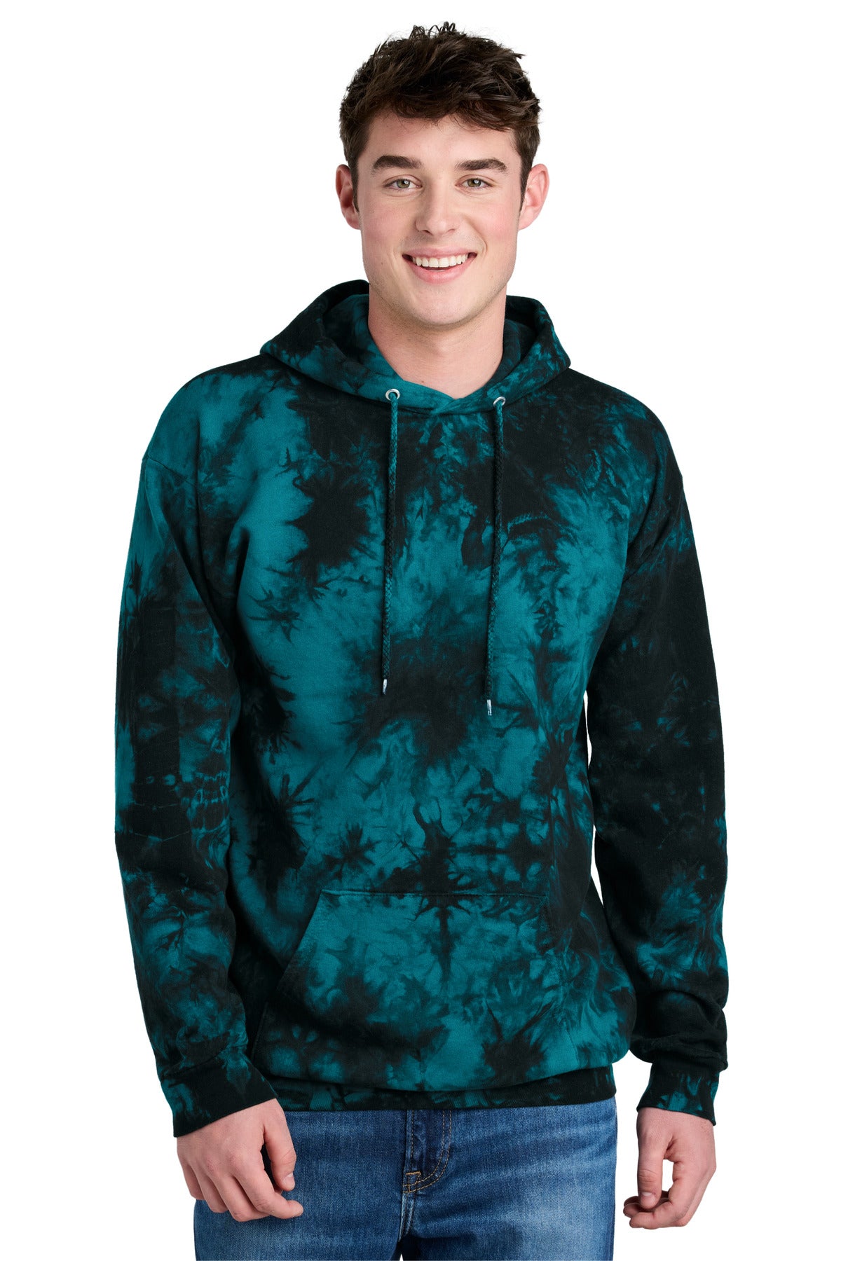 Custom logo Port & Co® Crystal Tie-Dye Pullover Hoodie PC144 in Black/ Teal