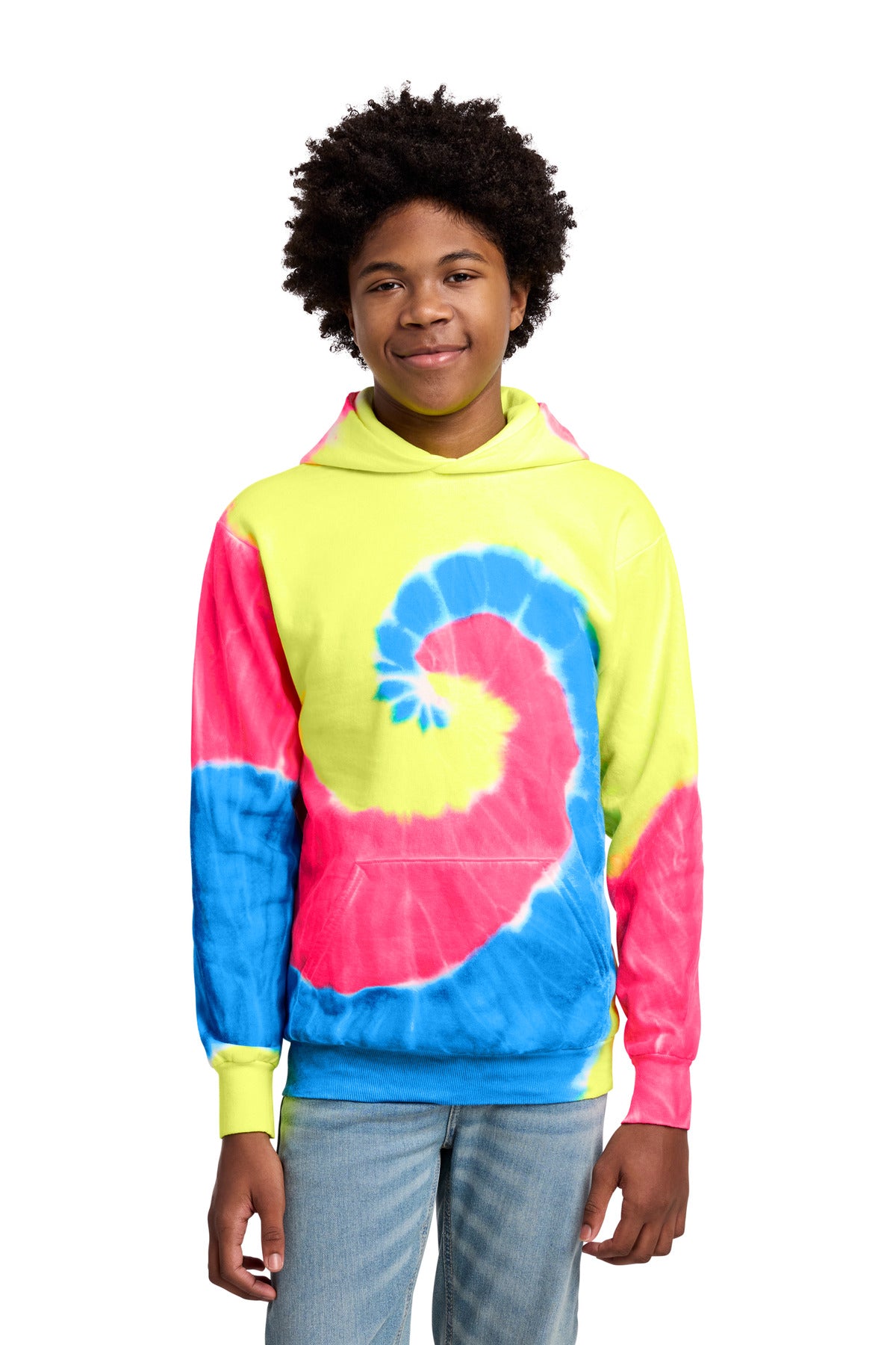 Custom logo Port & Co® Youth Tie-Dye Pullover Hooded Sweatshirt. PC146Y in Neon Rainbow