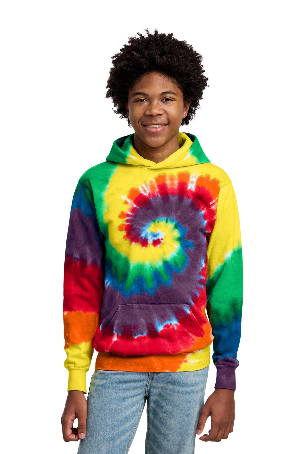 Custom logo Port & Co® Youth Tie-Dye Pullover Hooded Sweatshirt. PC146Y in Rainbow