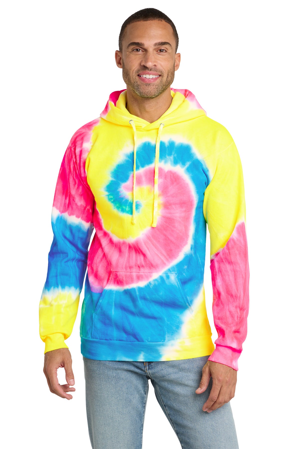 Custom logo Port & Co® Tie-Dye Pullover Hooded Sweatshirt. PC146 in Neon Rainbow
