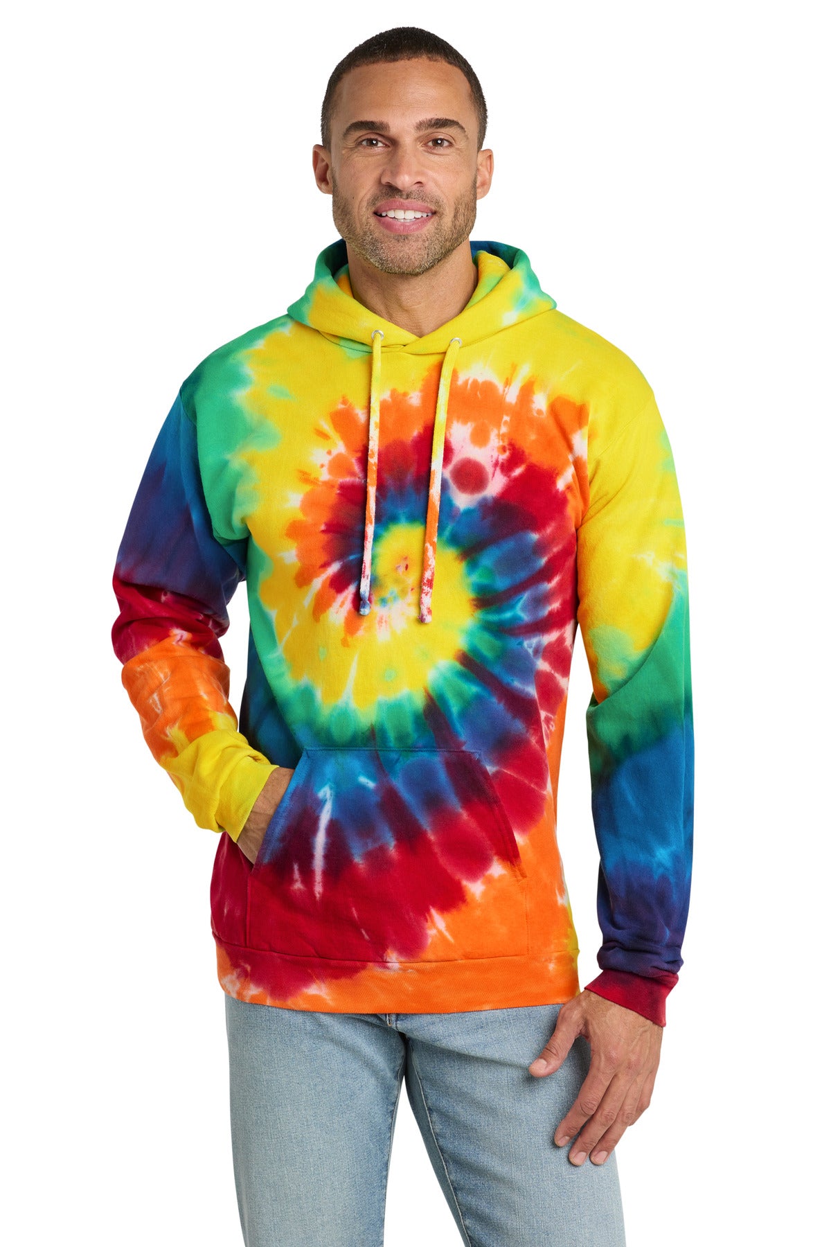 Custom logo Port & Co® Tie-Dye Pullover Hooded Sweatshirt. PC146 in Rainbow