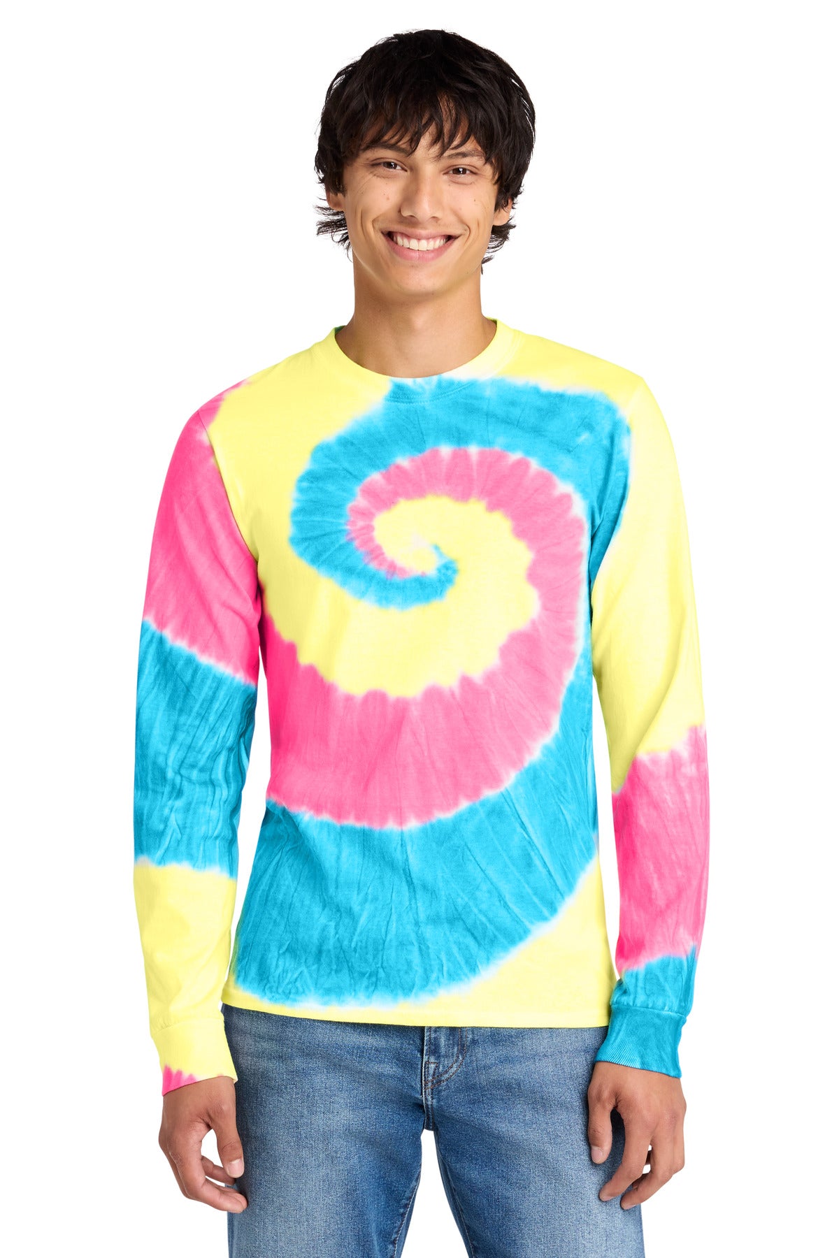 Custom logo Port & Co® Tie-Dye Long Sleeve Tee.  PC147LS in Neon Rainbow