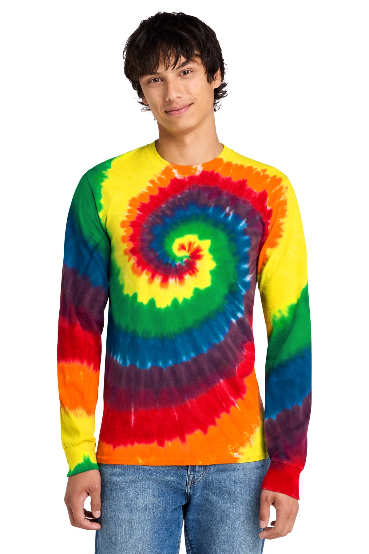 Custom logo Port & Co® Tie-Dye Long Sleeve Tee.  PC147LS in Rainbow