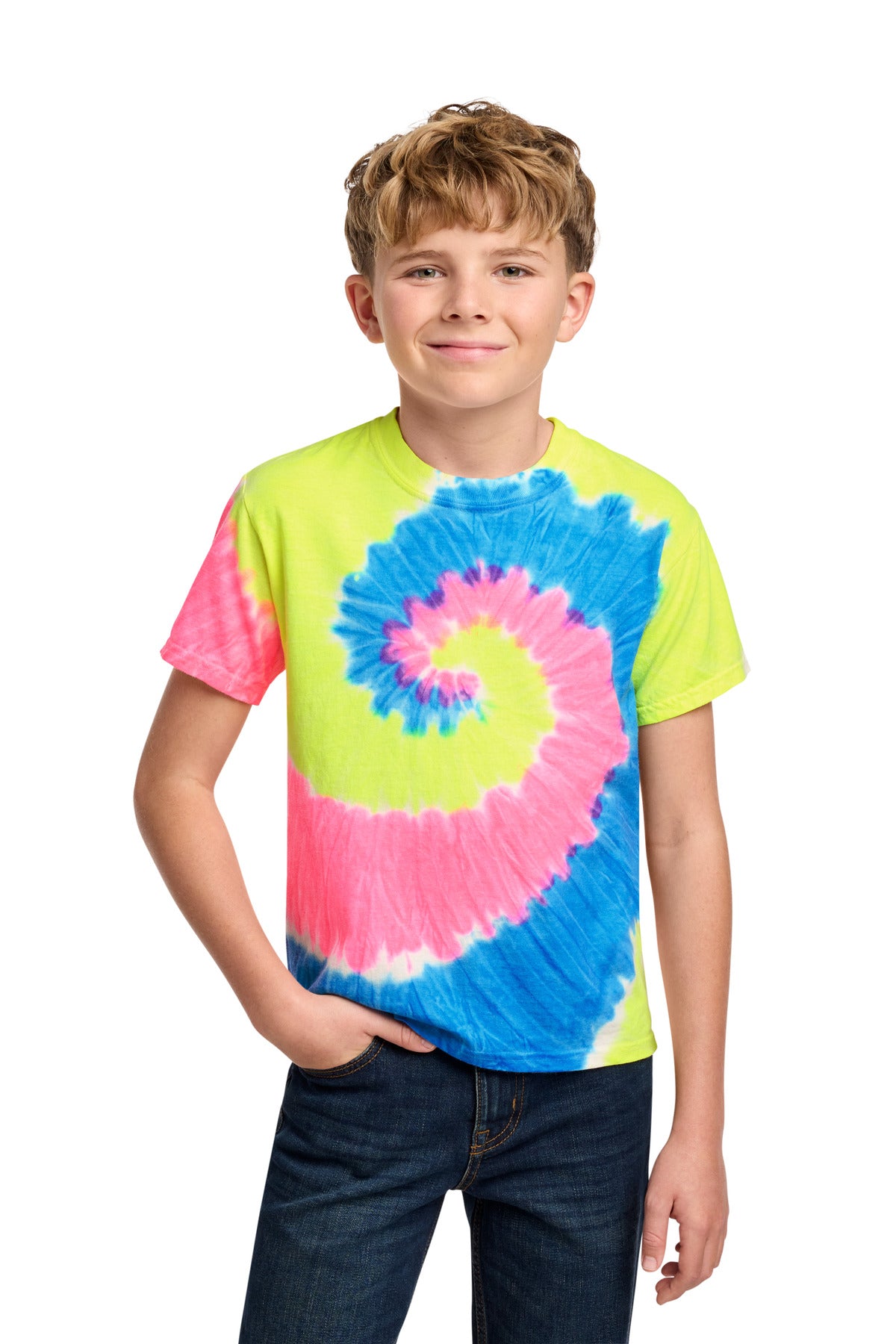 Custom logo Port & Co® Youth Tie-Dye Tee. PC147Y in Neon Rainbow