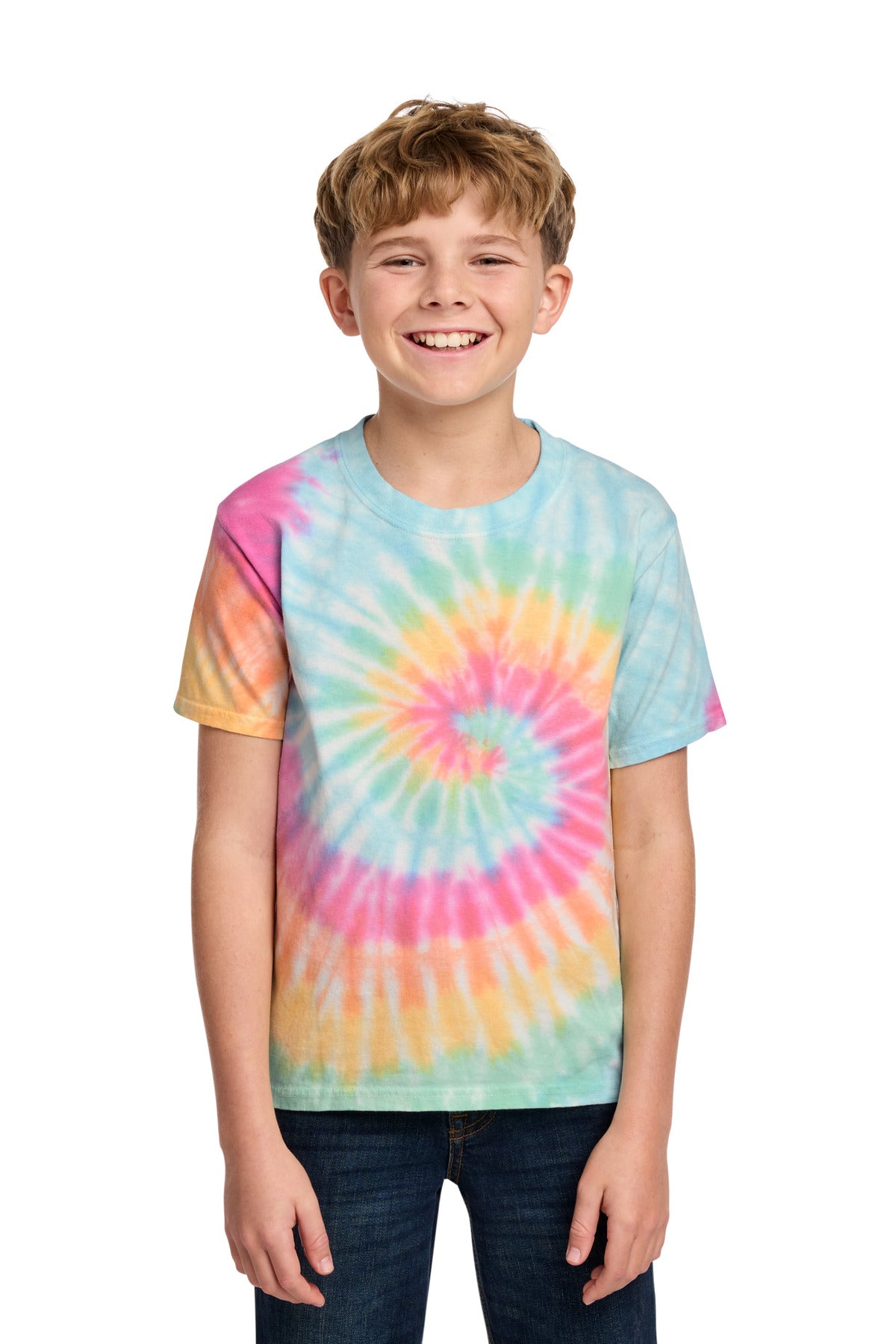 Custom logo Port & Co® Youth Tie-Dye Tee. PC147Y in Pastel Rainbow