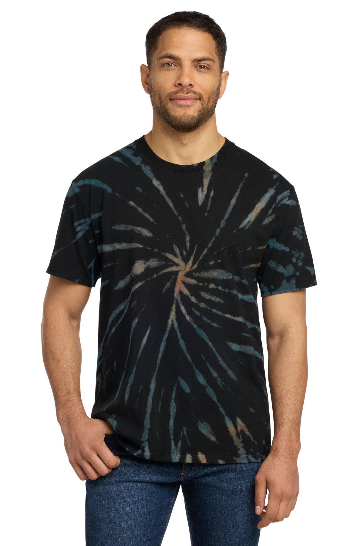 Custom logo Port & Co® Tie-Dye Tee. PC147 in Black Galaxy Spiral