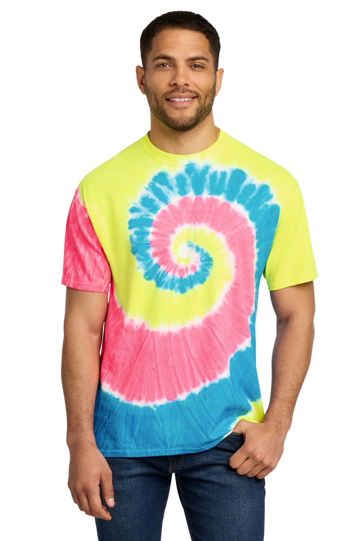 Custom logo Port & Co® Tie-Dye Tee. PC147 in Neon Rainbow