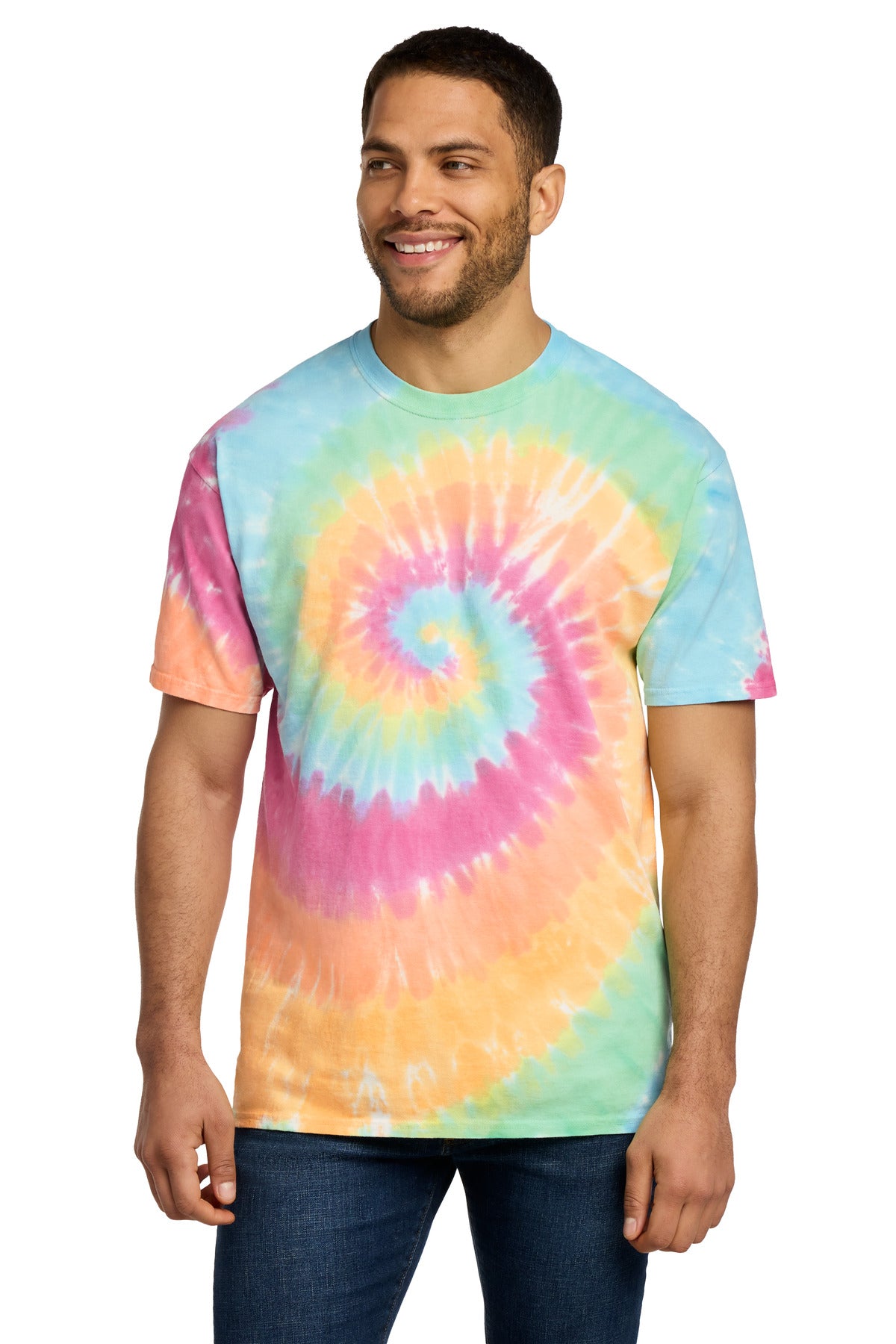 Custom logo Port & Co® Tie-Dye Tee. PC147 in Pastel Rainbow