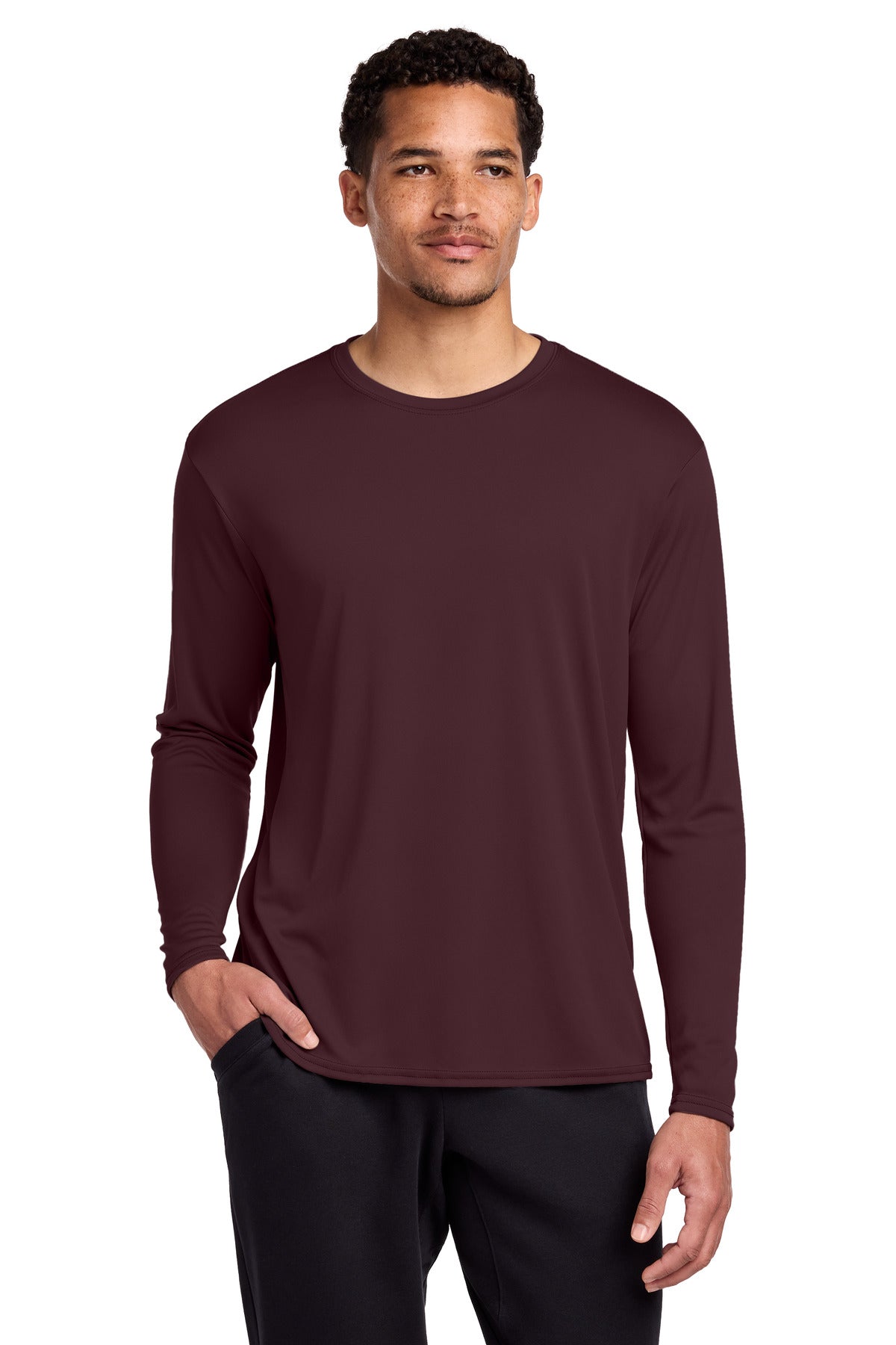 Custom logo Port & Co® Long Sleeve Performance Tee. PC380LS in Athletic Maroon
