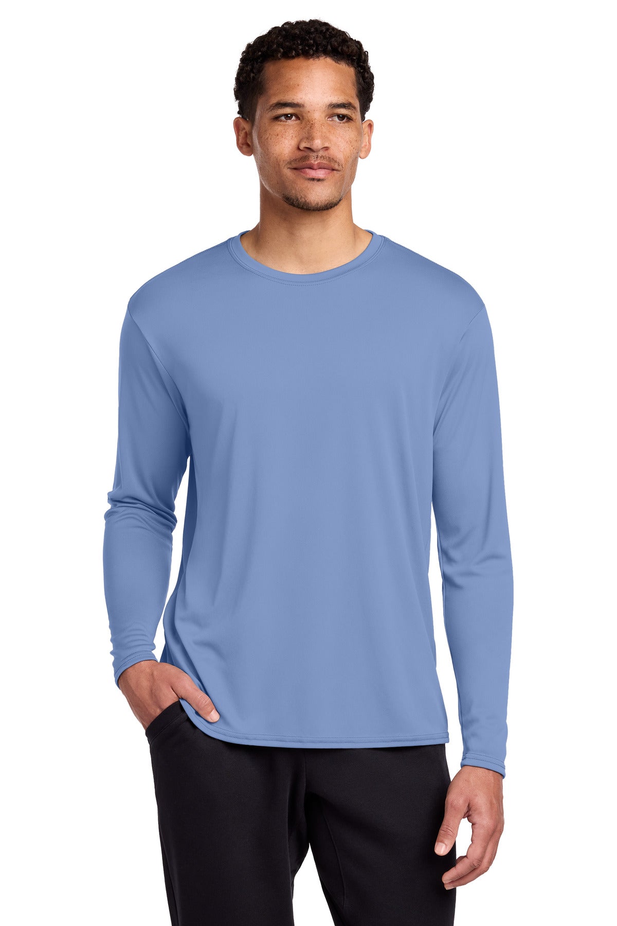 Custom logo Port & Co® Long Sleeve Performance Tee. PC380LS in Carolina Blue