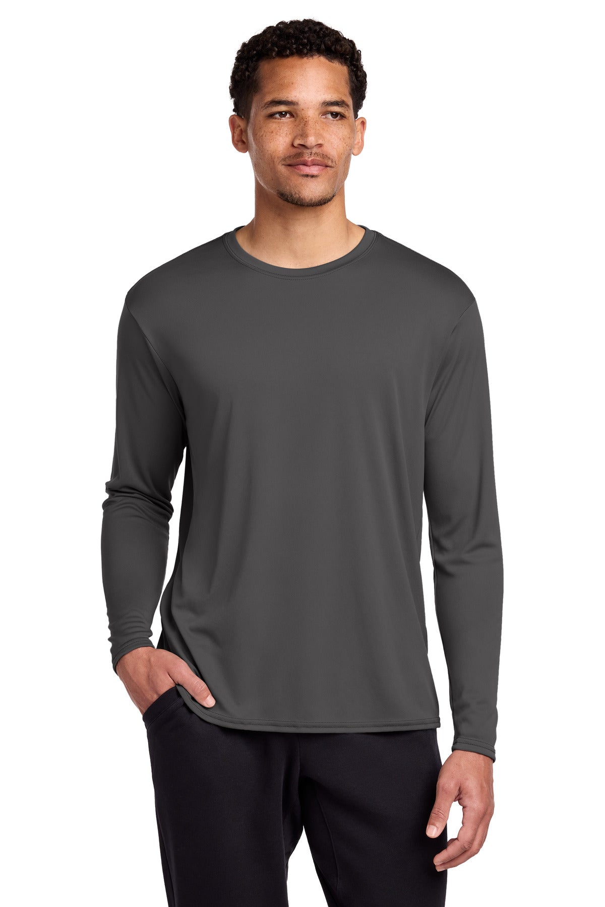 Custom logo Port & Co® Long Sleeve Performance Tee. PC380LS in Charcoal
