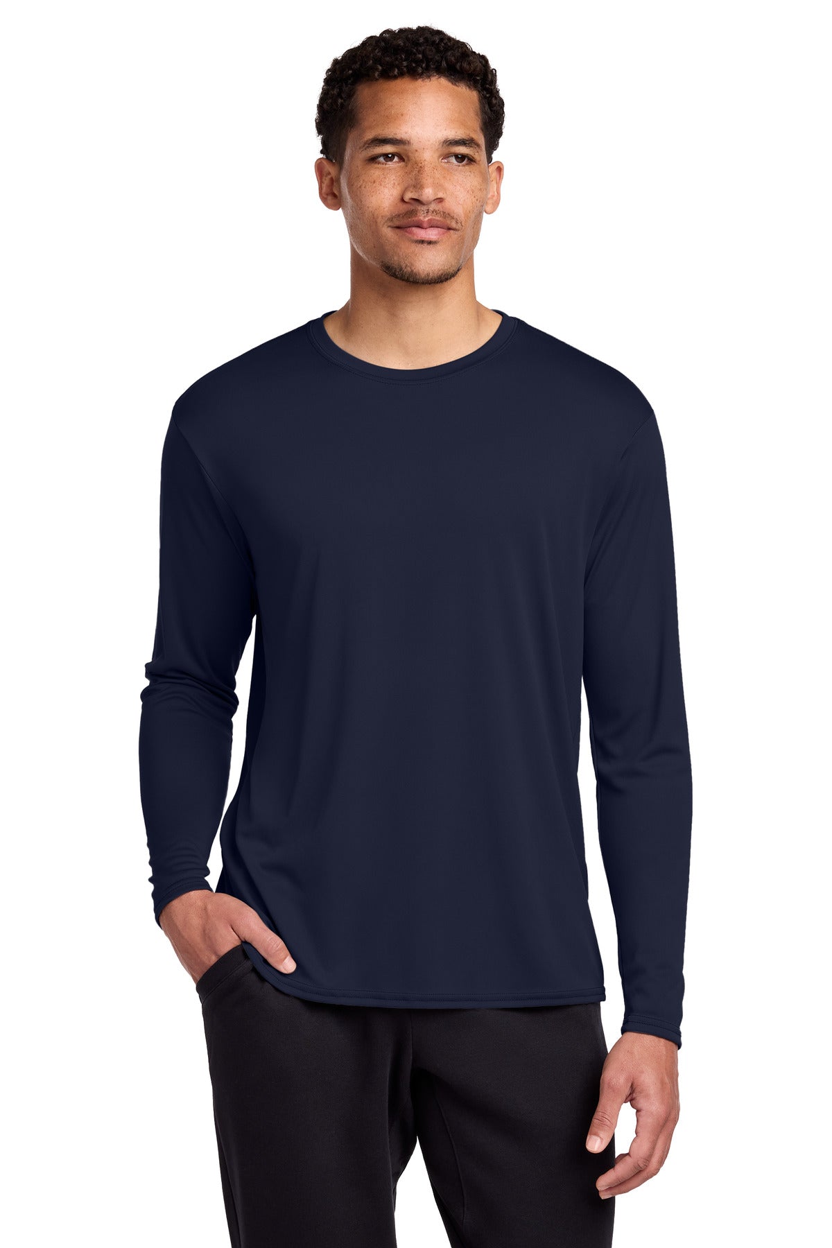 Custom logo Port & Co® Long Sleeve Performance Tee. PC380LS in Deep Navy