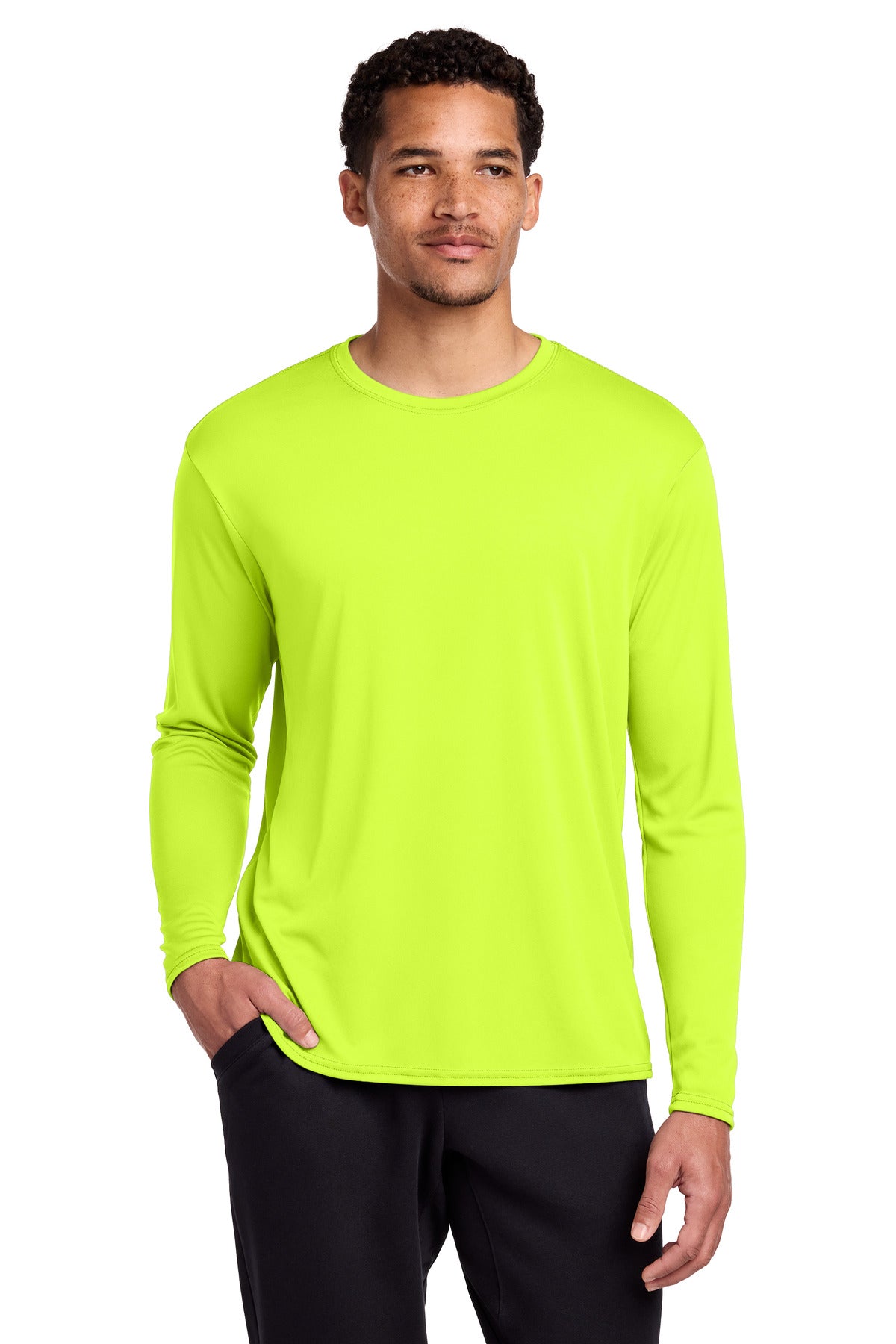 Custom logo Port & Co® Long Sleeve Performance Tee. PC380LS in Neon Yellow