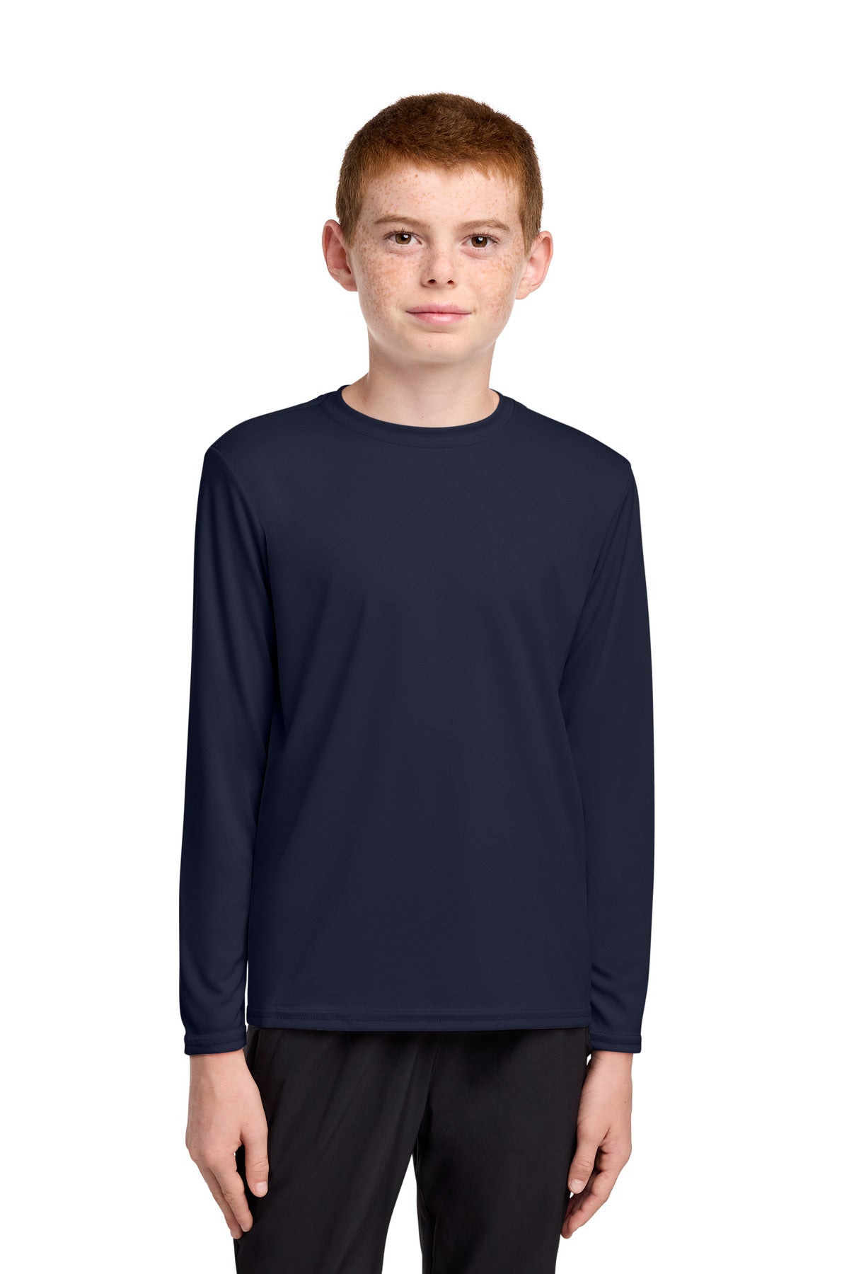 Custom logo Port & Co® Youth Long Sleeve Performance Tee PC380YLS in Deep Navy