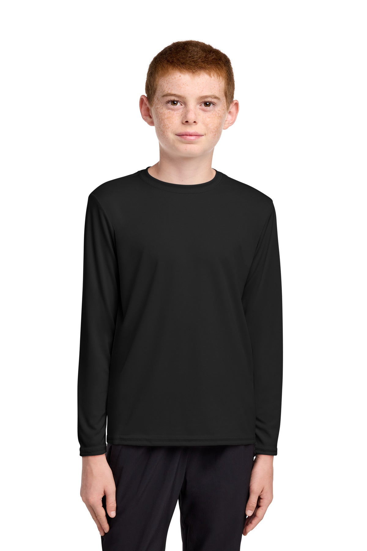 Custom logo Port & Co® Youth Long Sleeve Performance Tee PC380YLS in Jet Black