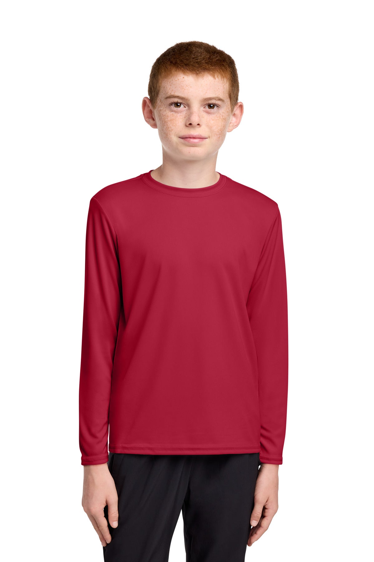 Custom logo Port & Co® Youth Long Sleeve Performance Tee PC380YLS in Red