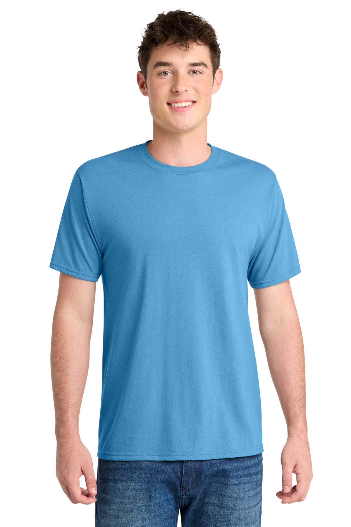 Custom logo Port & Co® Performance Blend Tee. PC381 in Aquatic Blue
