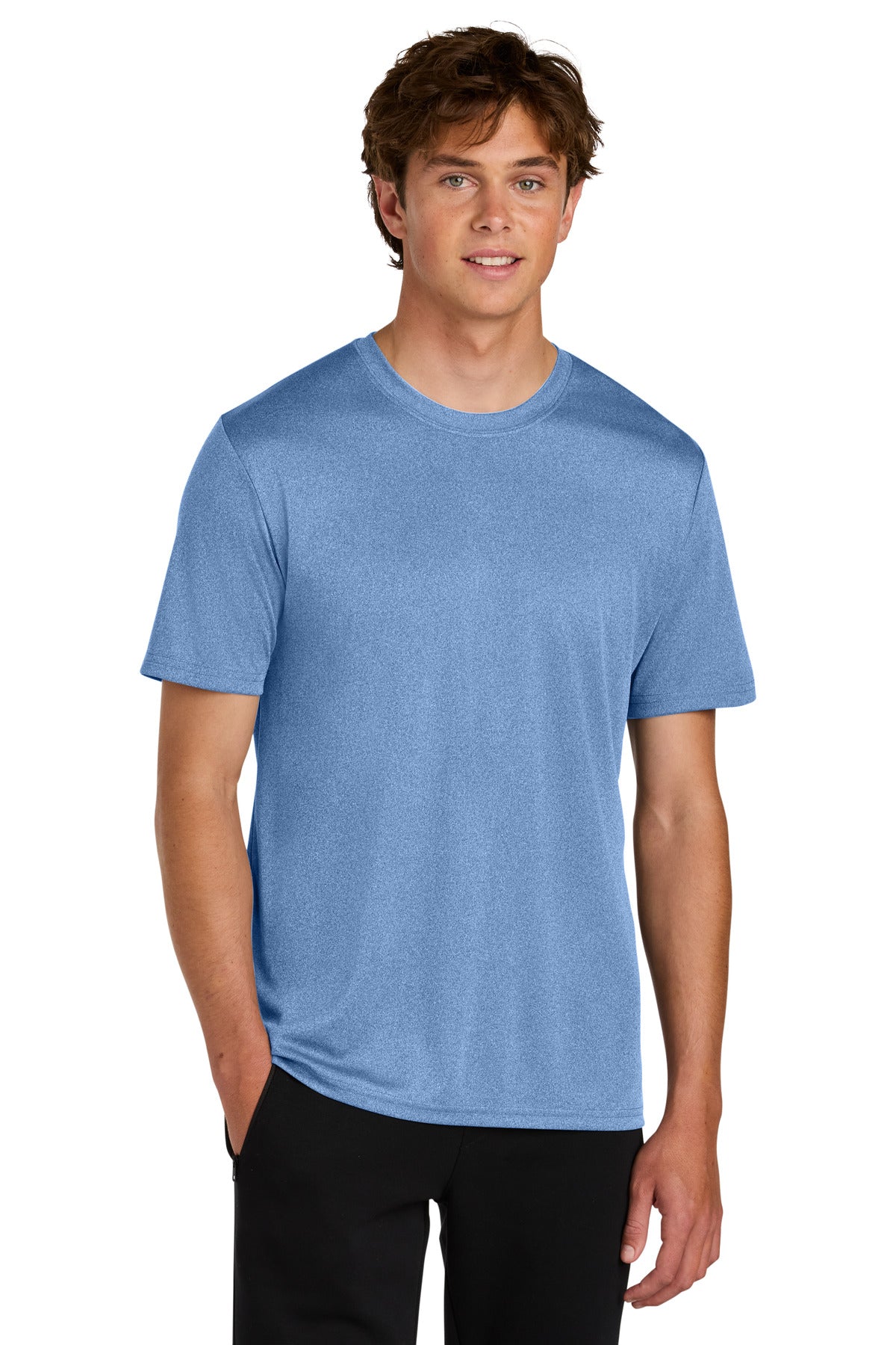 Custom logo Port & Co® Heather Performance Tee PC390 in Carolina Blue Heather