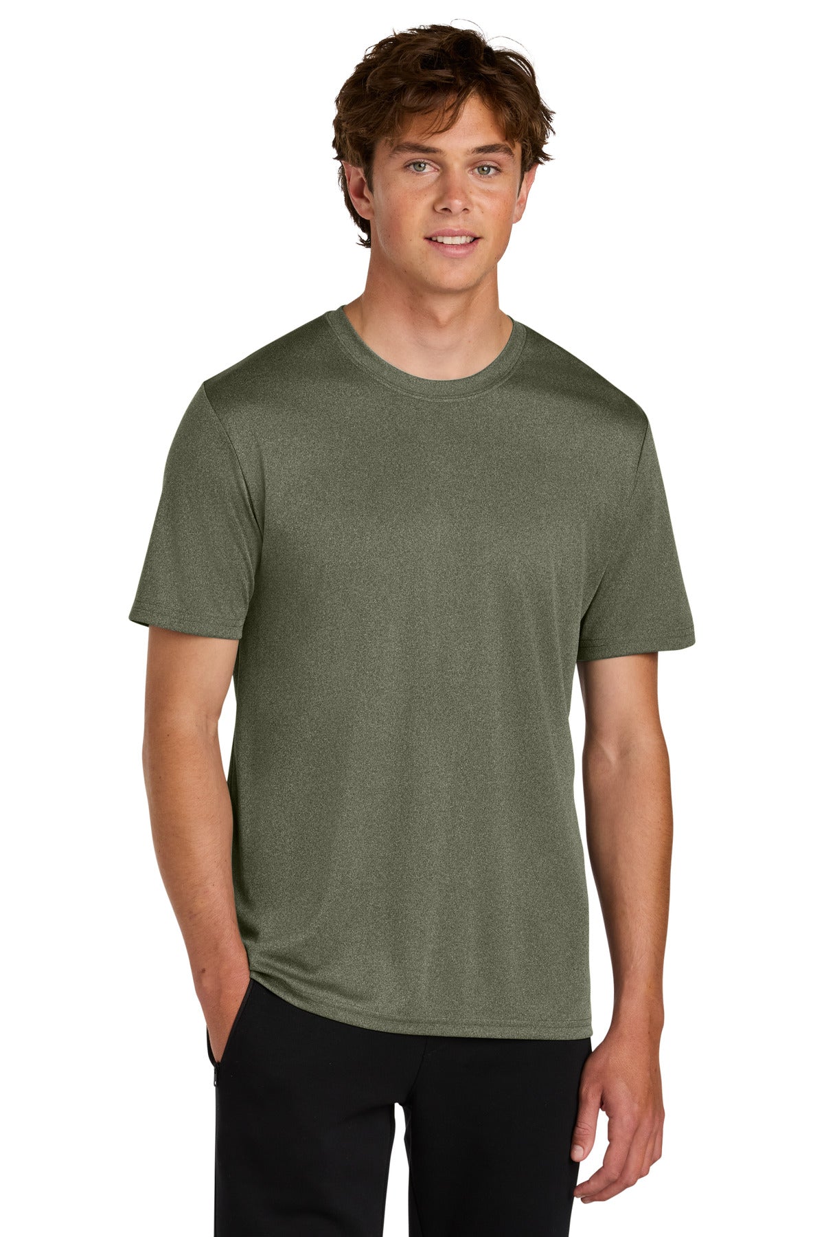 Custom logo Port & Co® Heather Performance Tee PC390 in Olive Drab Green Heather