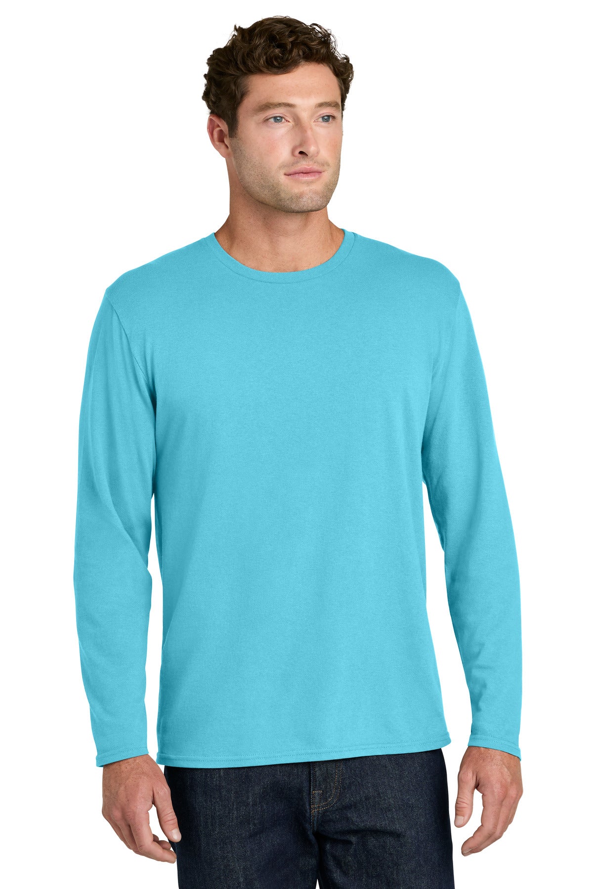 Custom logo Port & Co® Easy Cotton Long Sleeve Tee PC43LS in Aquatic Blue