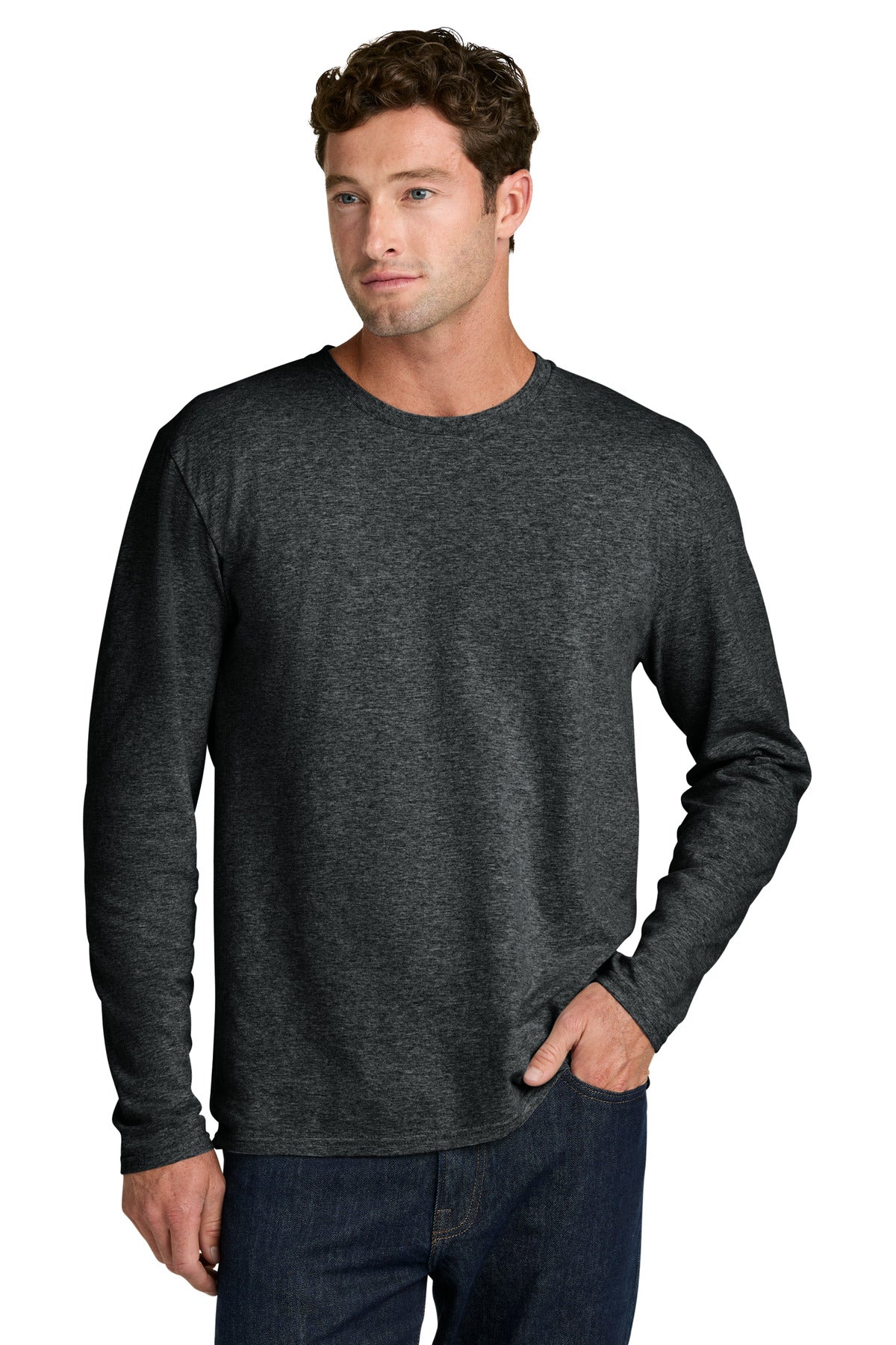 Custom logo Port & Co® Easy Cotton Long Sleeve Tee PC43LS in Black Heather