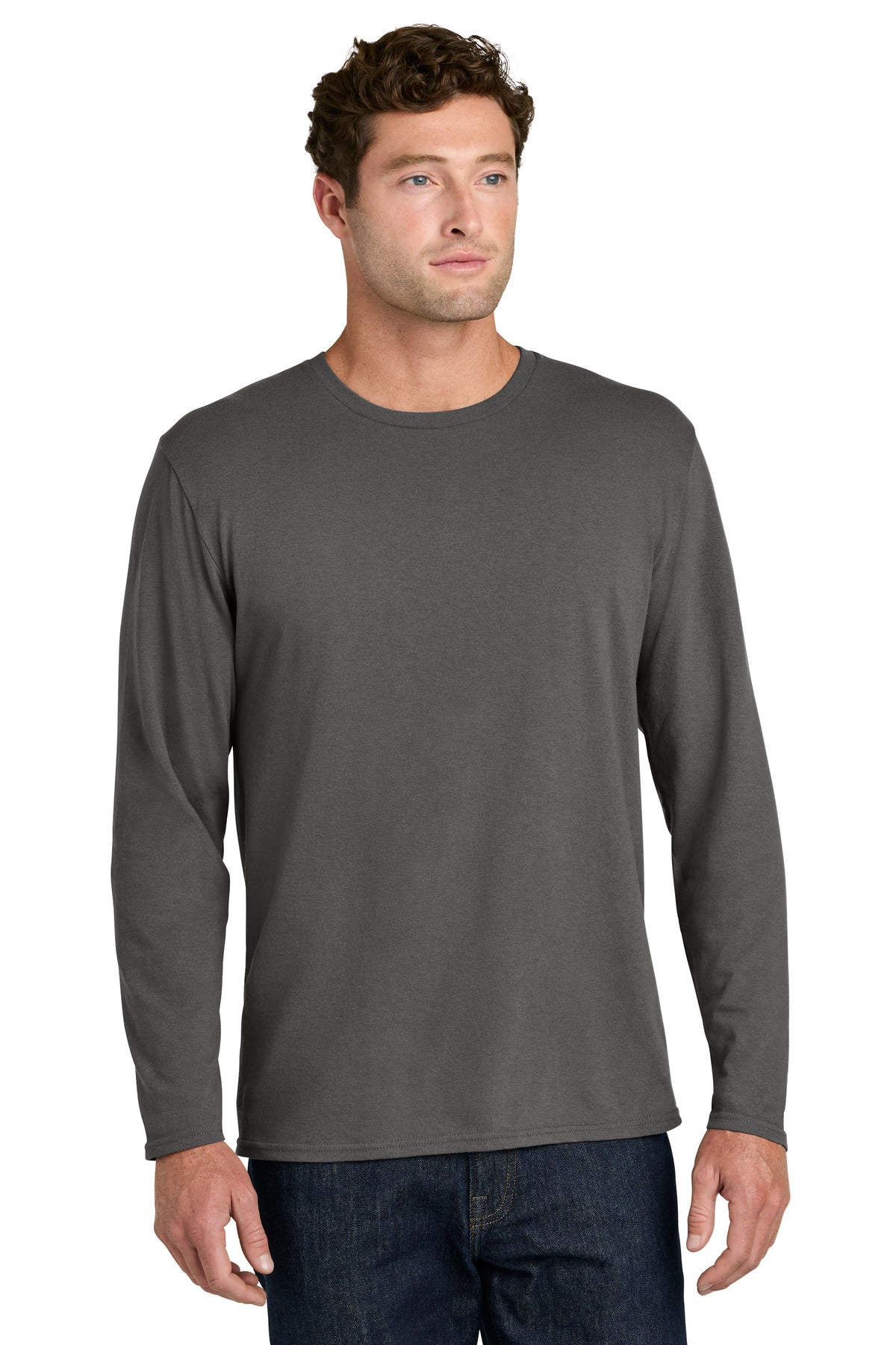Custom logo Port & Co® Easy Cotton Long Sleeve Tee PC43LS in Charcoal