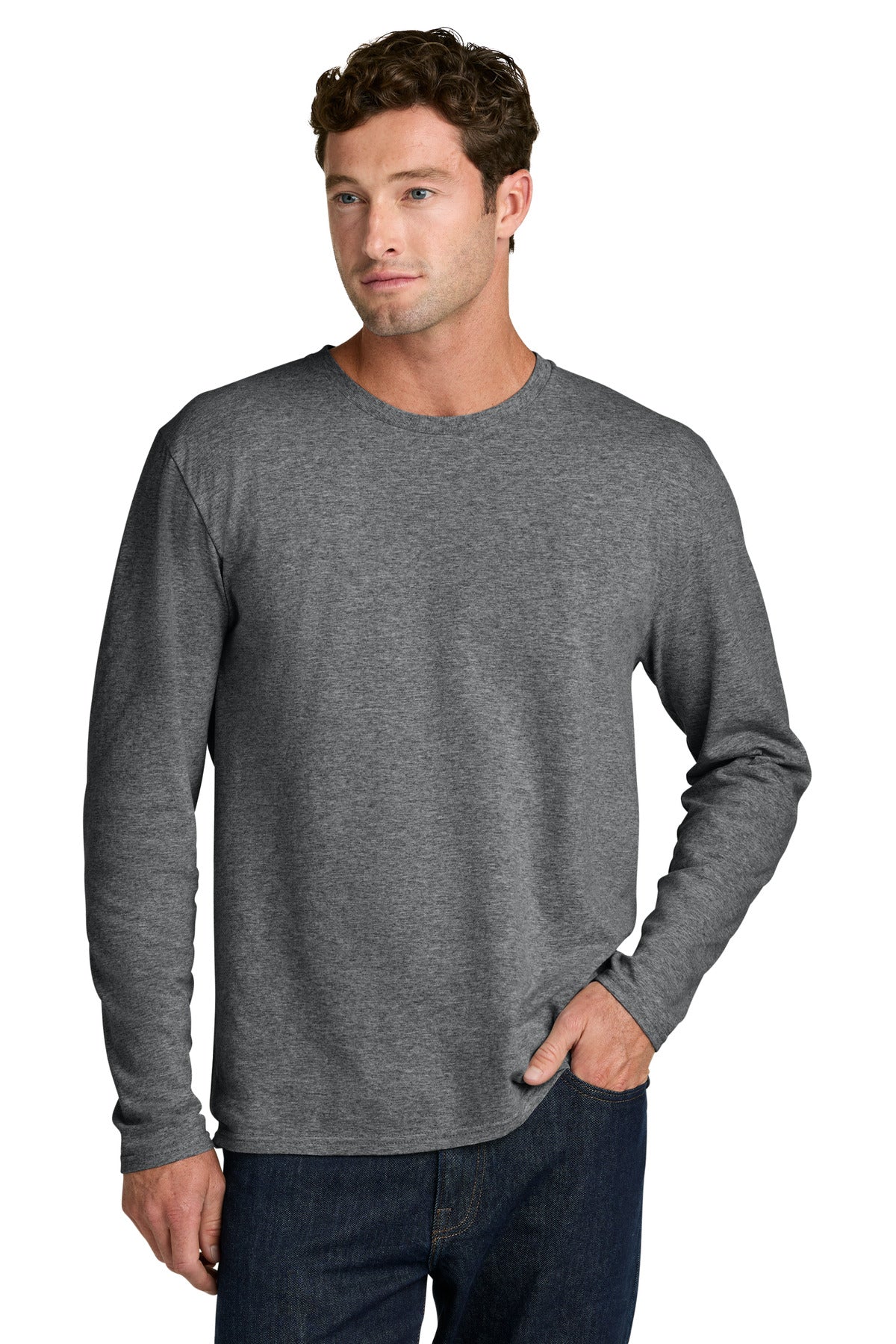 Custom logo Port & Co® Easy Cotton Long Sleeve Tee PC43LS in Graphite Heather