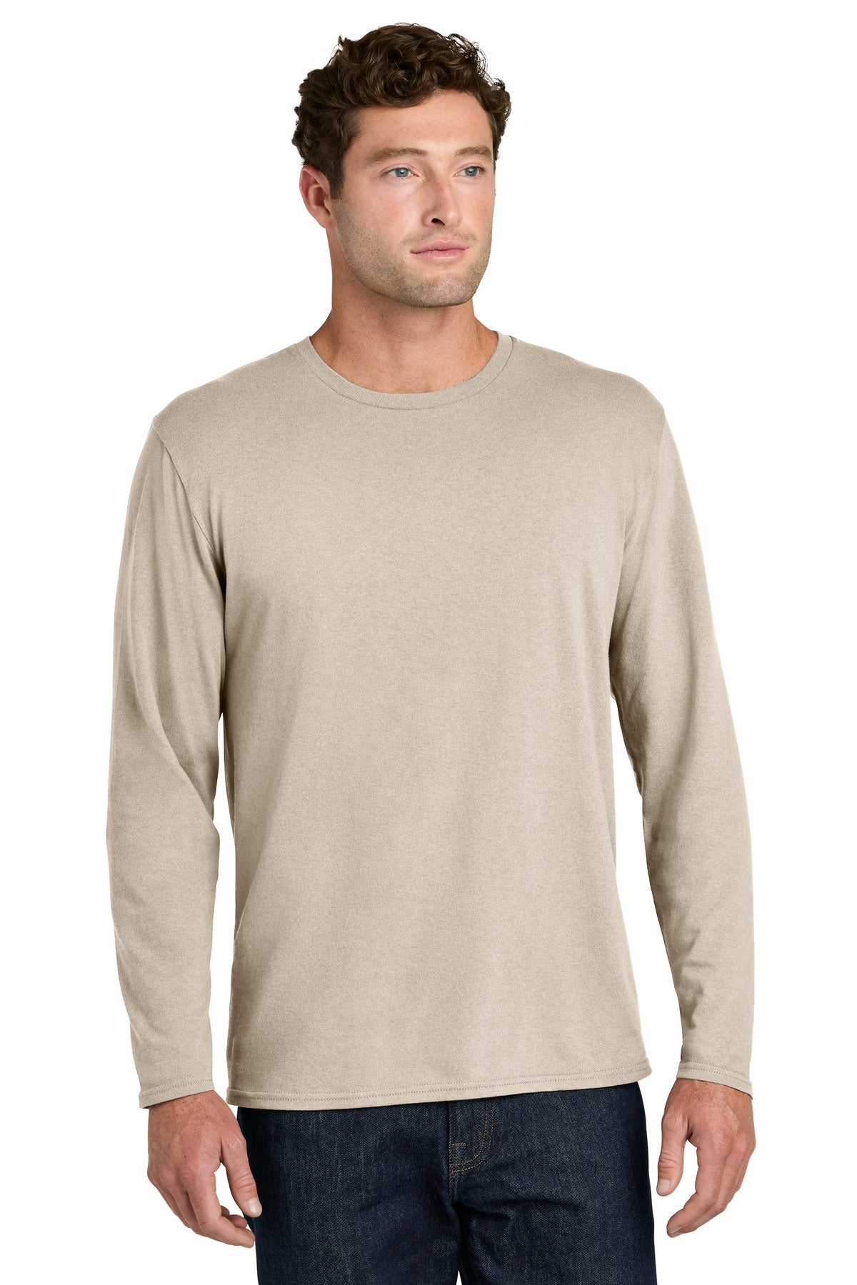 Custom logo Port & Co® Easy Cotton Long Sleeve Tee PC43LS in Light Sand
