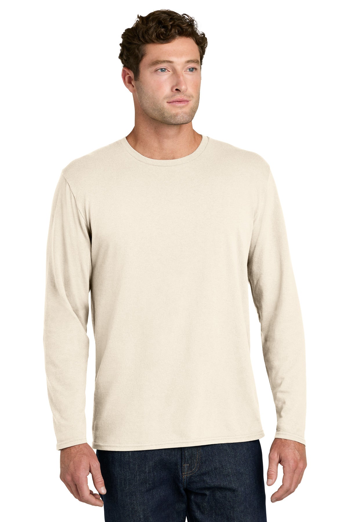 Custom logo Port & Co® Easy Cotton Long Sleeve Tee PC43LS in Natural
