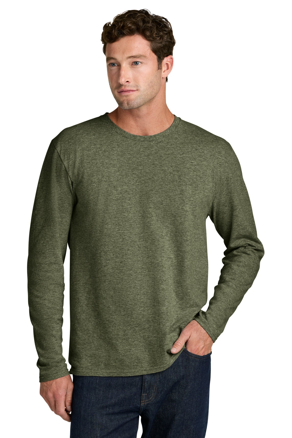 Custom logo Port & Co® Easy Cotton Long Sleeve Tee PC43LS in Olive Drab Green Heather