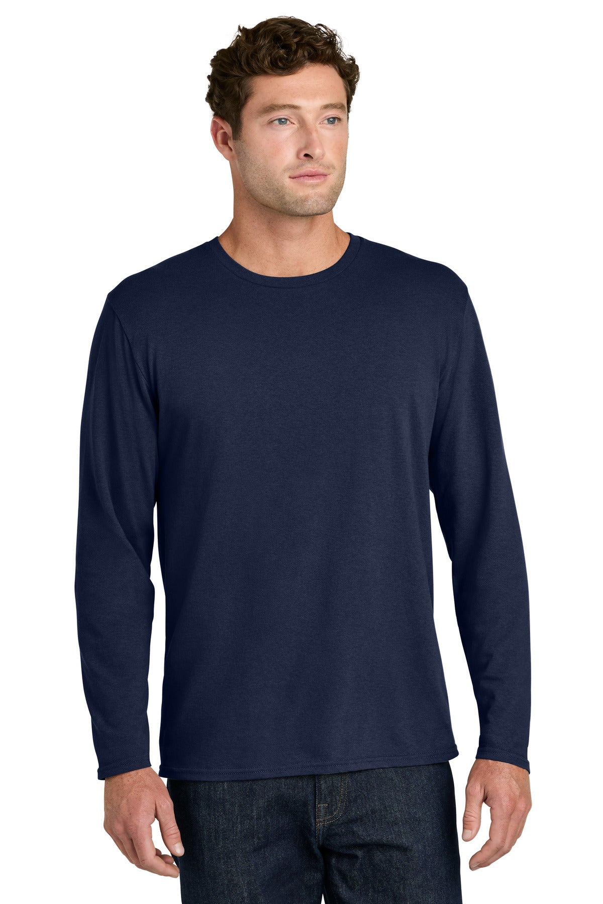 Custom logo Port & Co® Easy Cotton Long Sleeve Tee PC43LS in True Navy