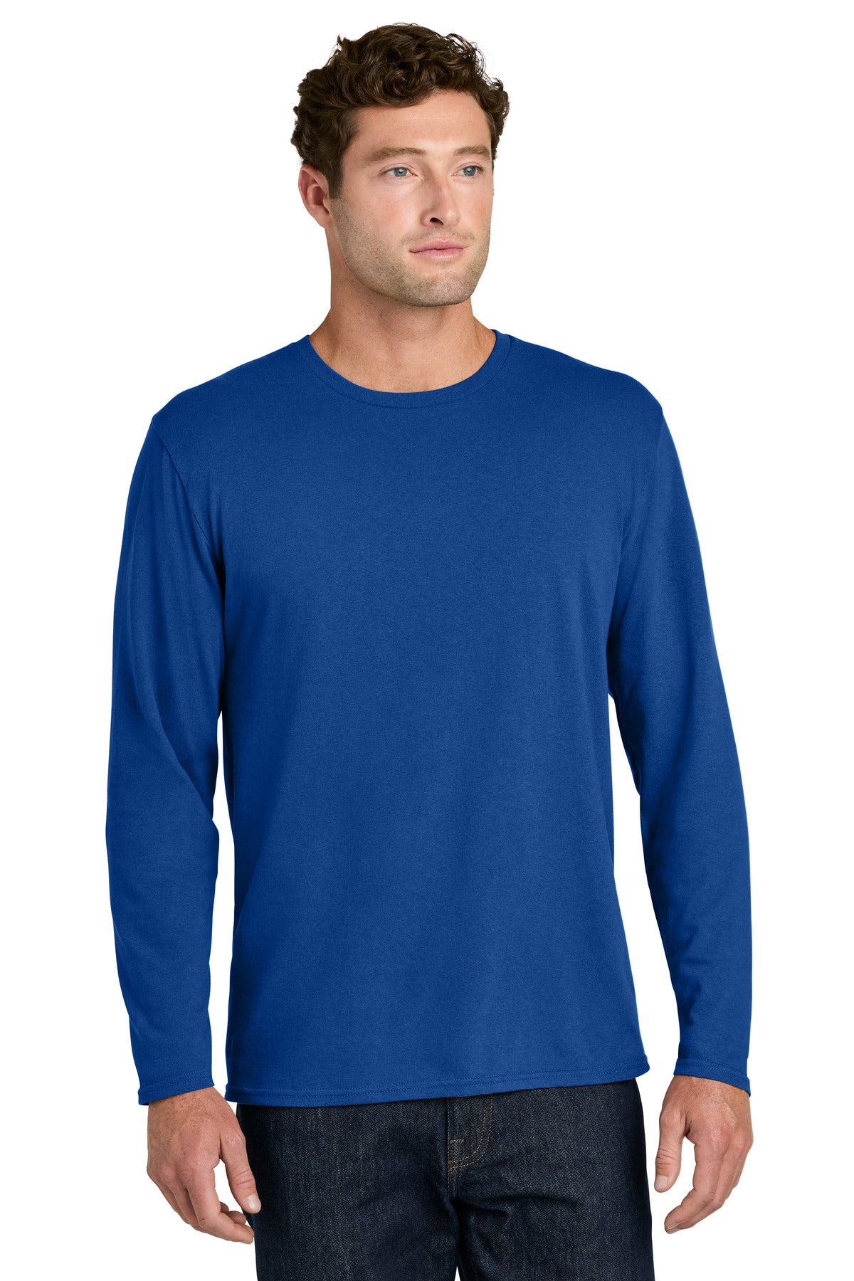 Custom logo Port & Co® Easy Cotton Long Sleeve Tee PC43LS in True Royal