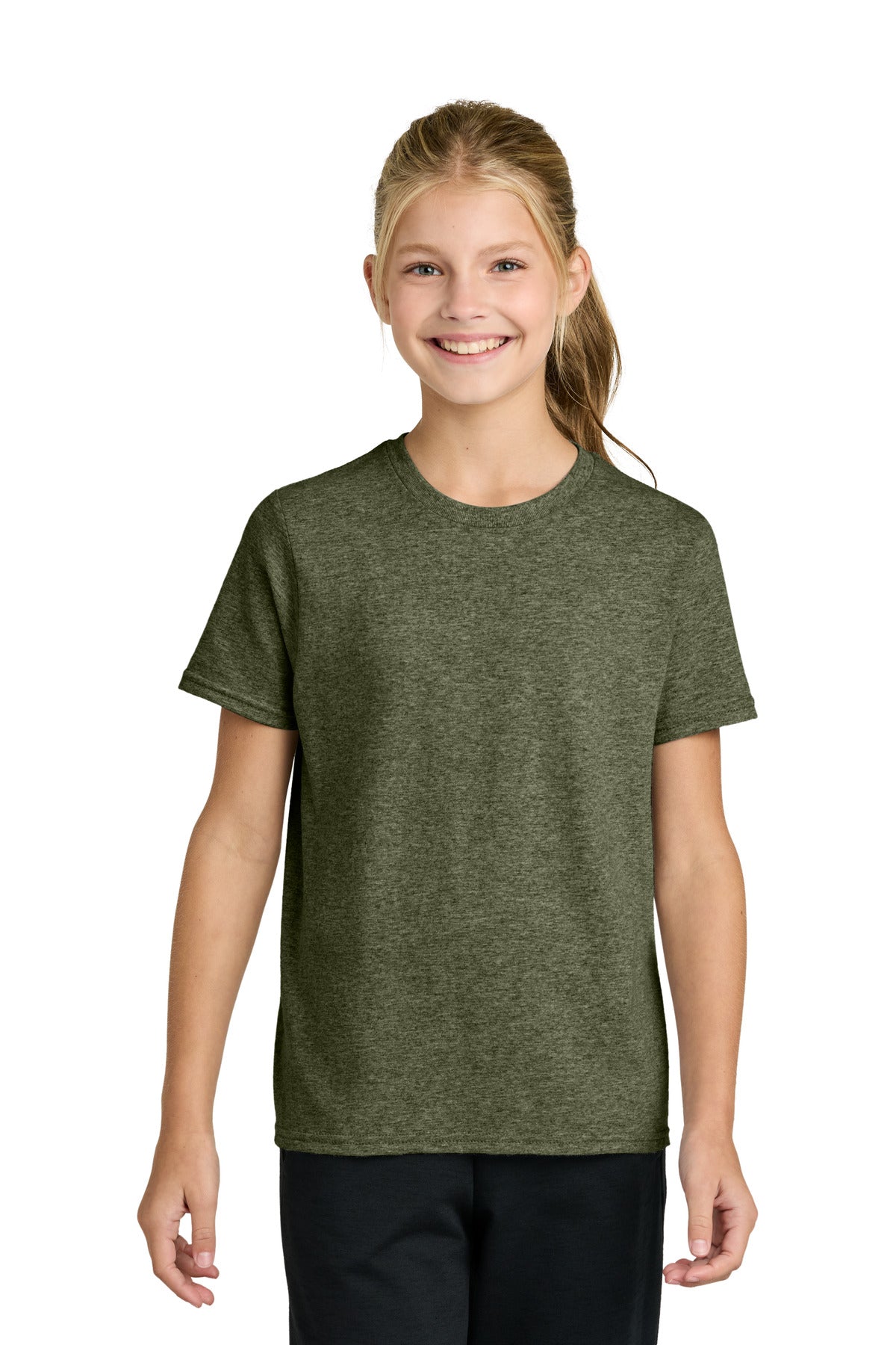 Custom logo Port & Co® Youth Easy Cotton Tee PC43Y in Olive Drab Green Heather