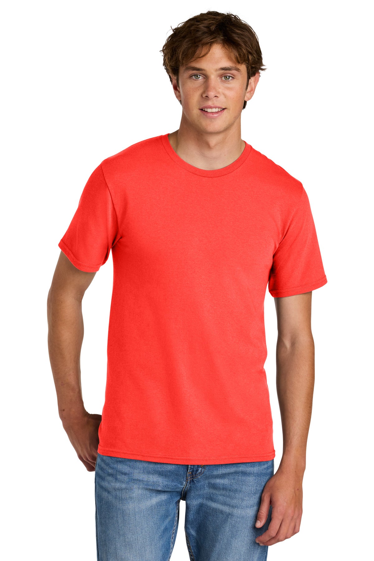 Custom logo Port & Co® Easy Cotton Tee PC43 in Neon Electric Coral