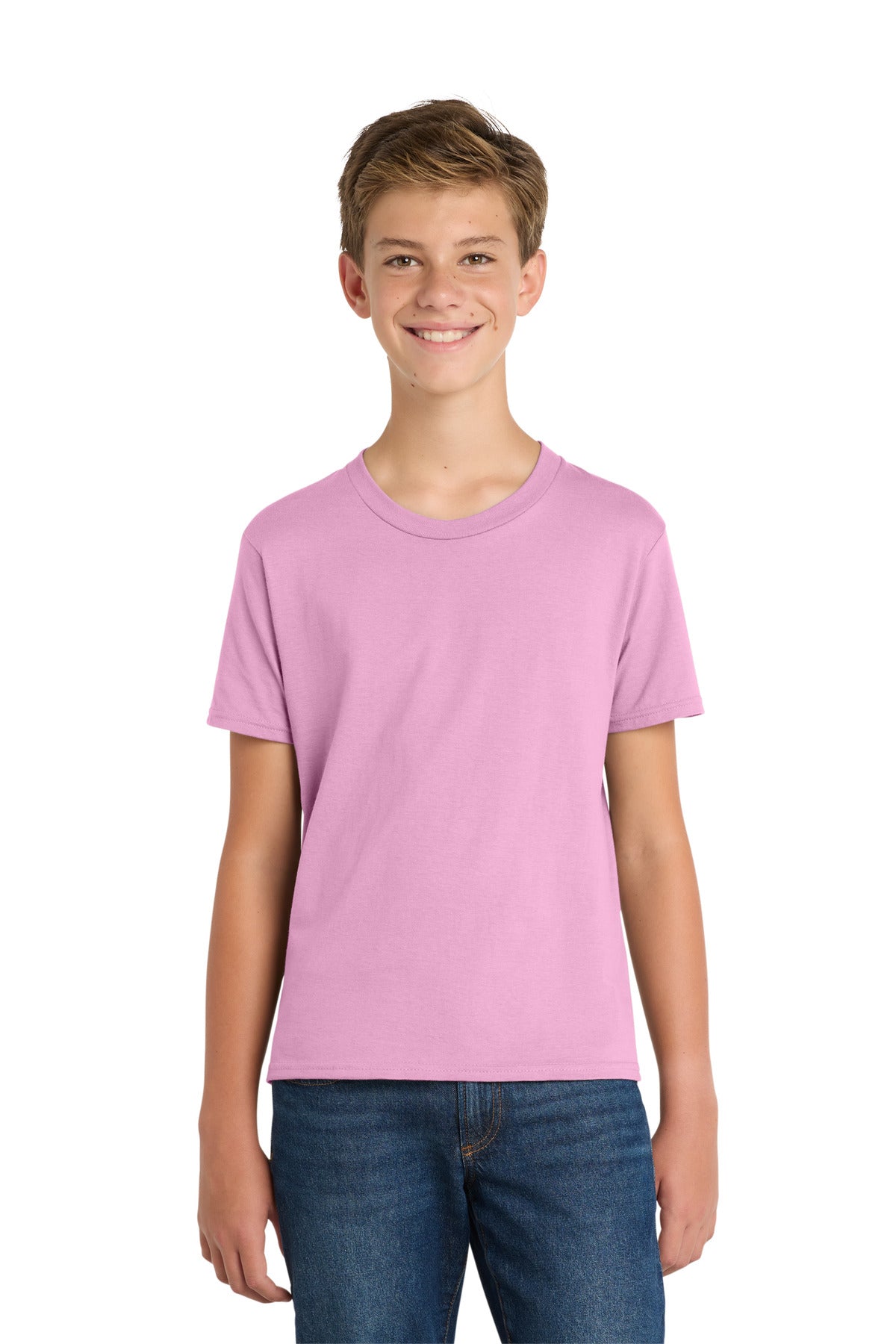 Custom logo Port & Co® Youth Fan Favorite Tee. PC450Y in Candy Pink