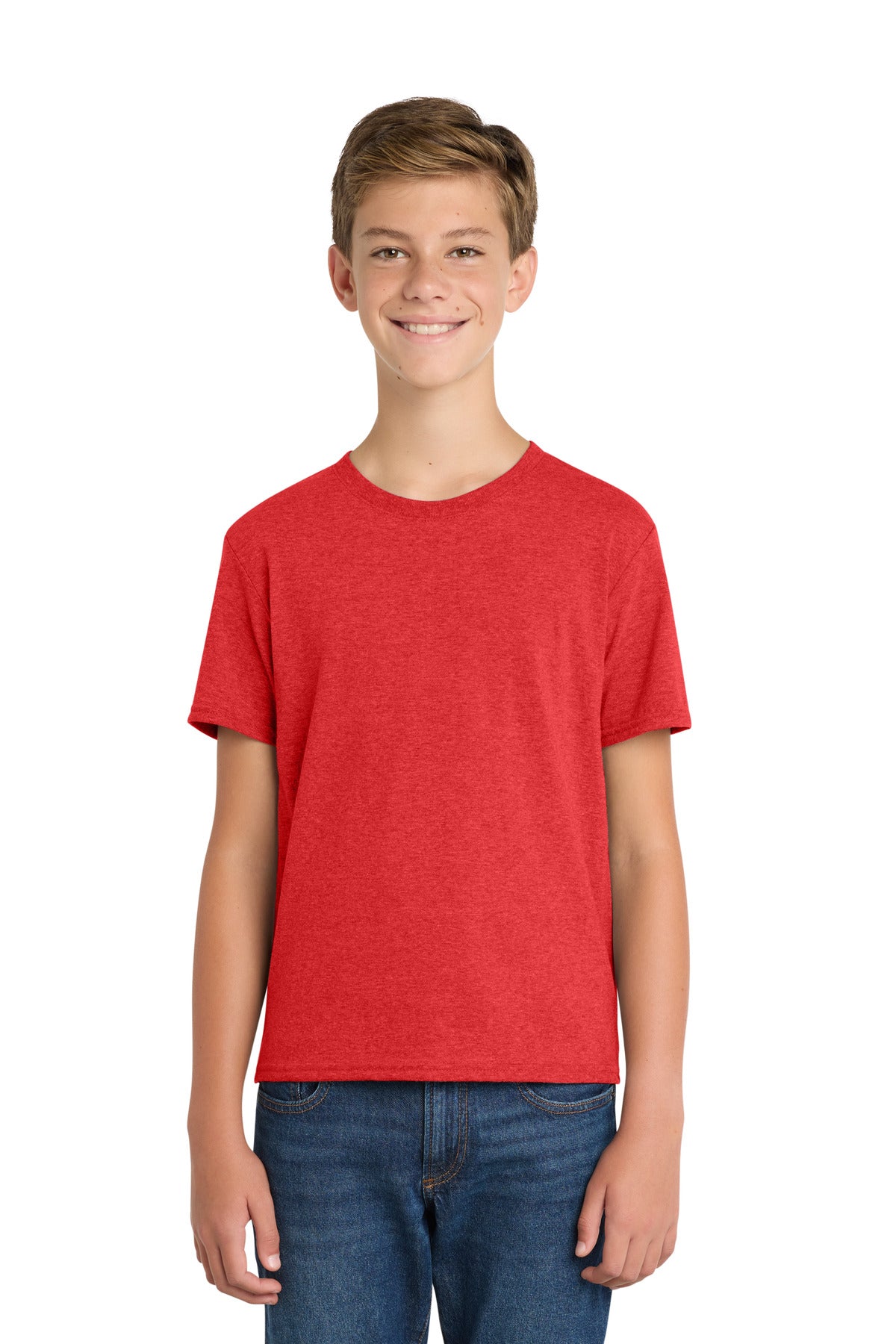 Custom logo Port & Co® Youth Fan Favorite ™ Blend Tee. PC455Y in Bright Red Heather