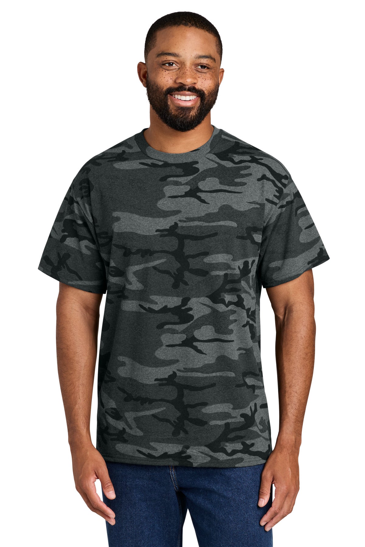 Custom logo Port & Co® Core Cotton Camo Tee.  PC54C in Black Heather Camo