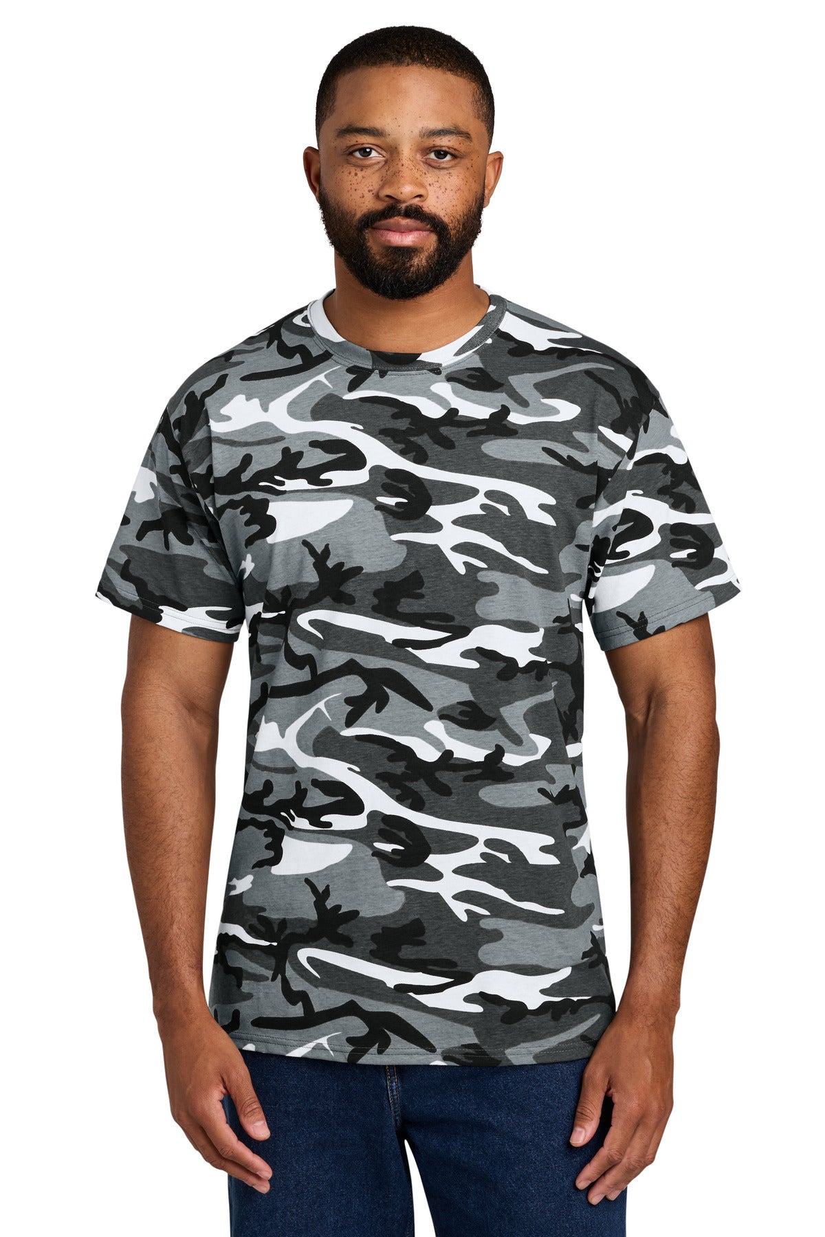 Custom logo Port & Co® Core Cotton Camo Tee.  PC54C in Winter Camo