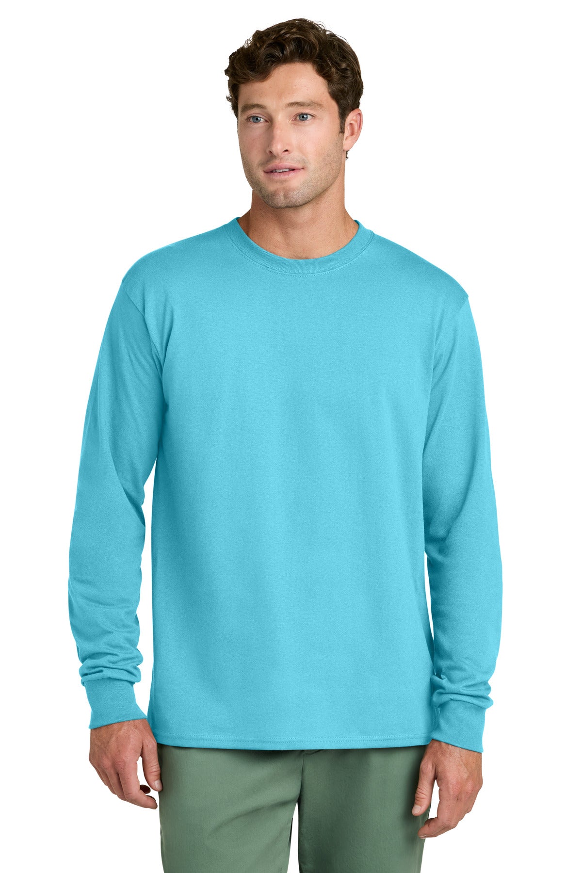 Custom logo Port & Co® Long Sleeve Core Cotton Tee. PC54LS in Aquatic Blue