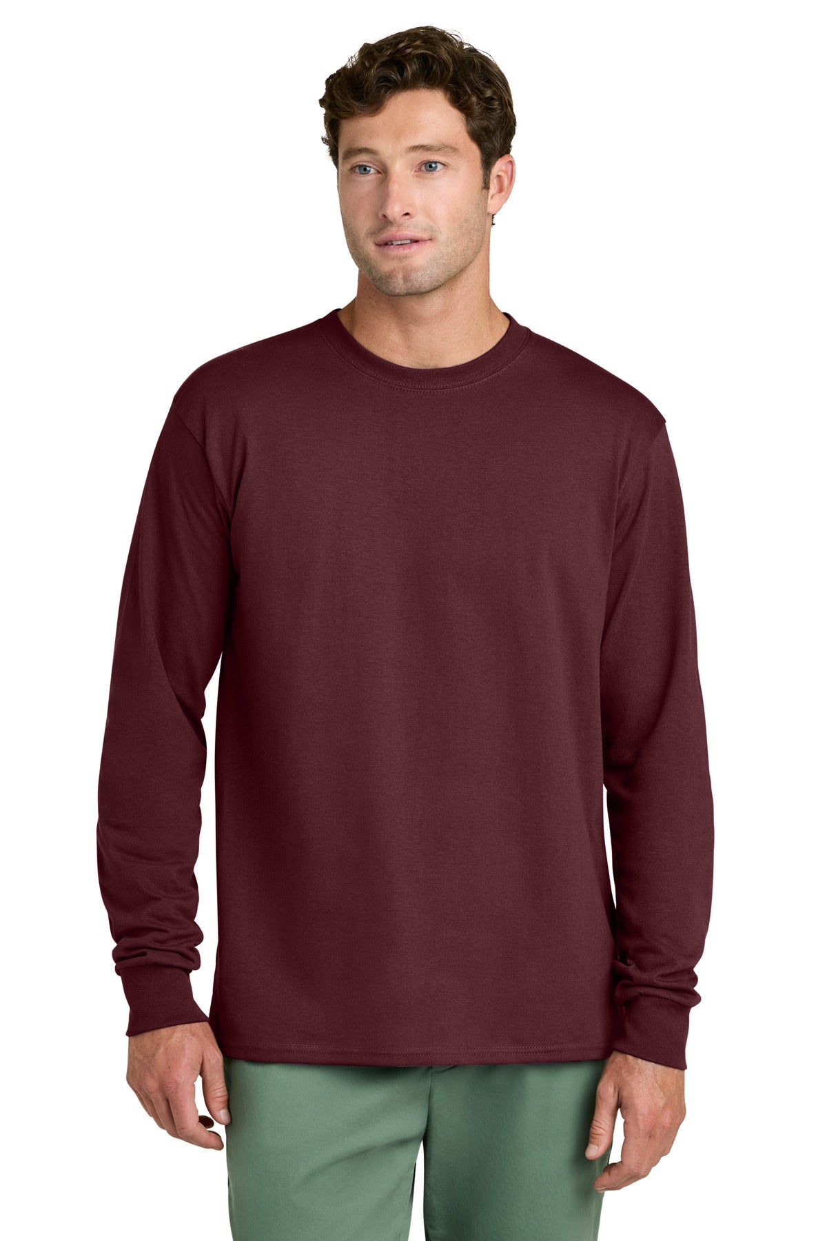 Custom logo Port & Co® Long Sleeve Core Cotton Tee. PC54LS in Athletic Maroon