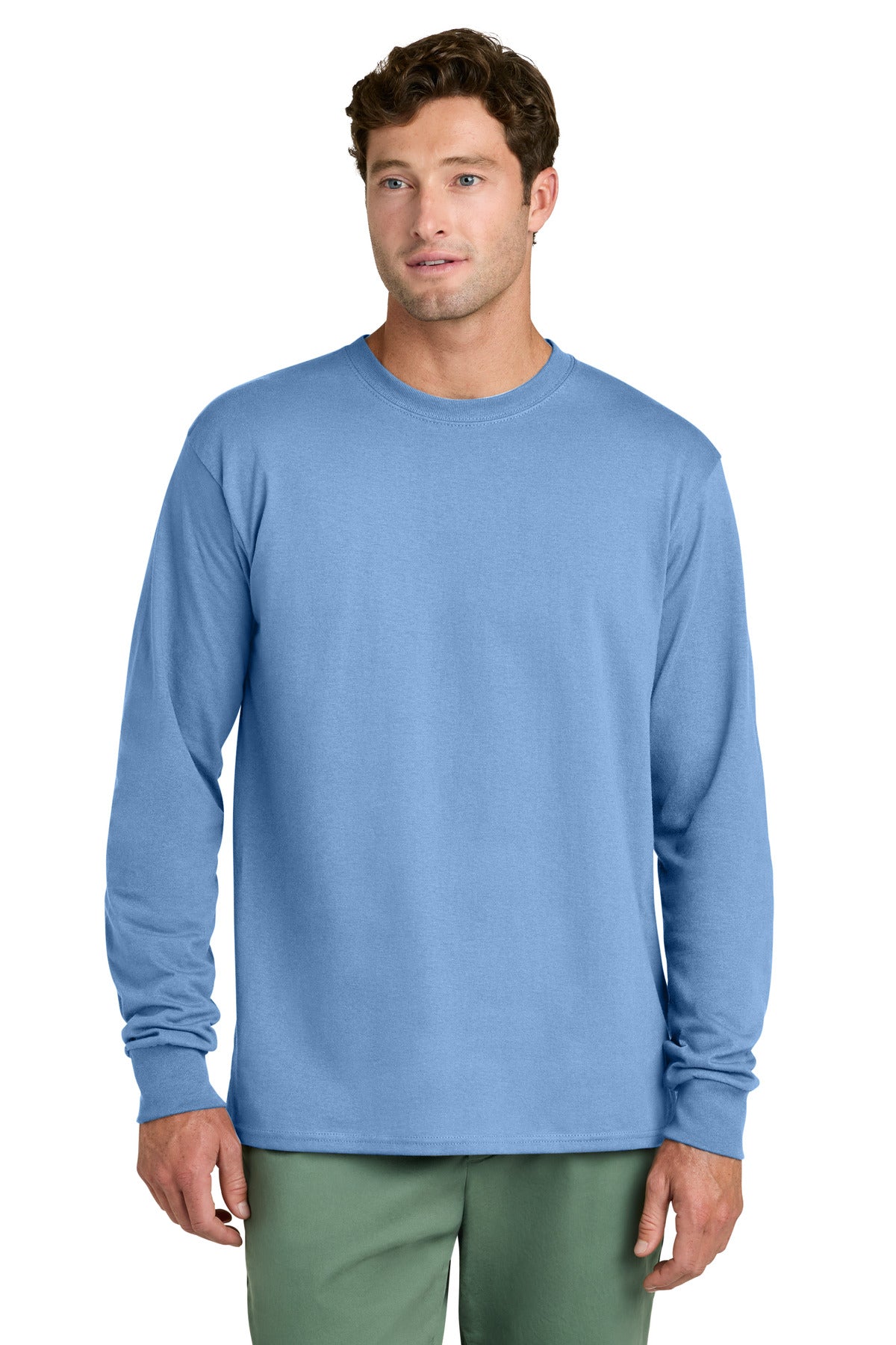 Custom logo Port & Co® Long Sleeve Core Cotton Tee. PC54LS in Carolina Blue
