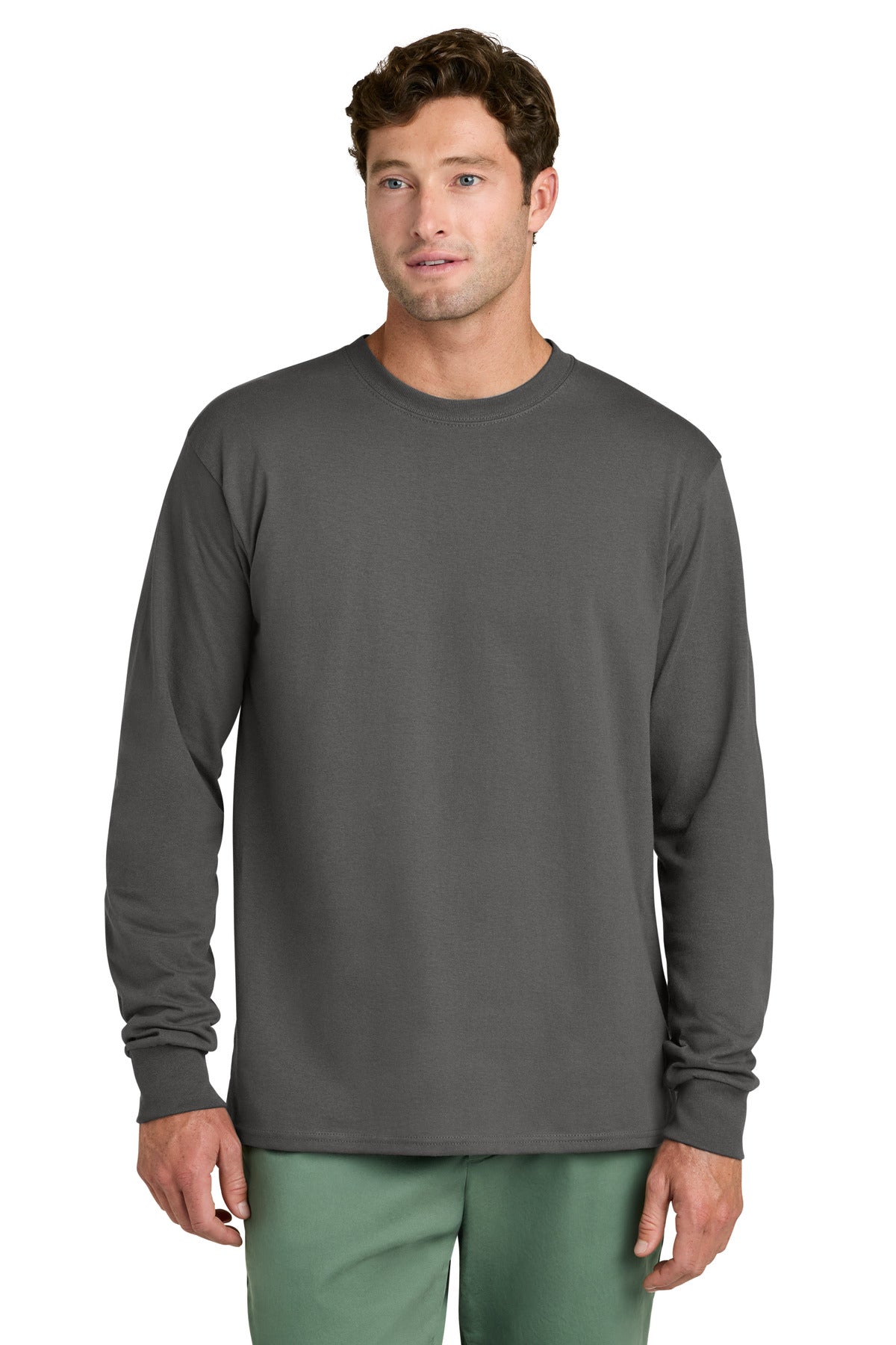 Custom logo Port & Co® Long Sleeve Core Cotton Tee. PC54LS in Charcoal